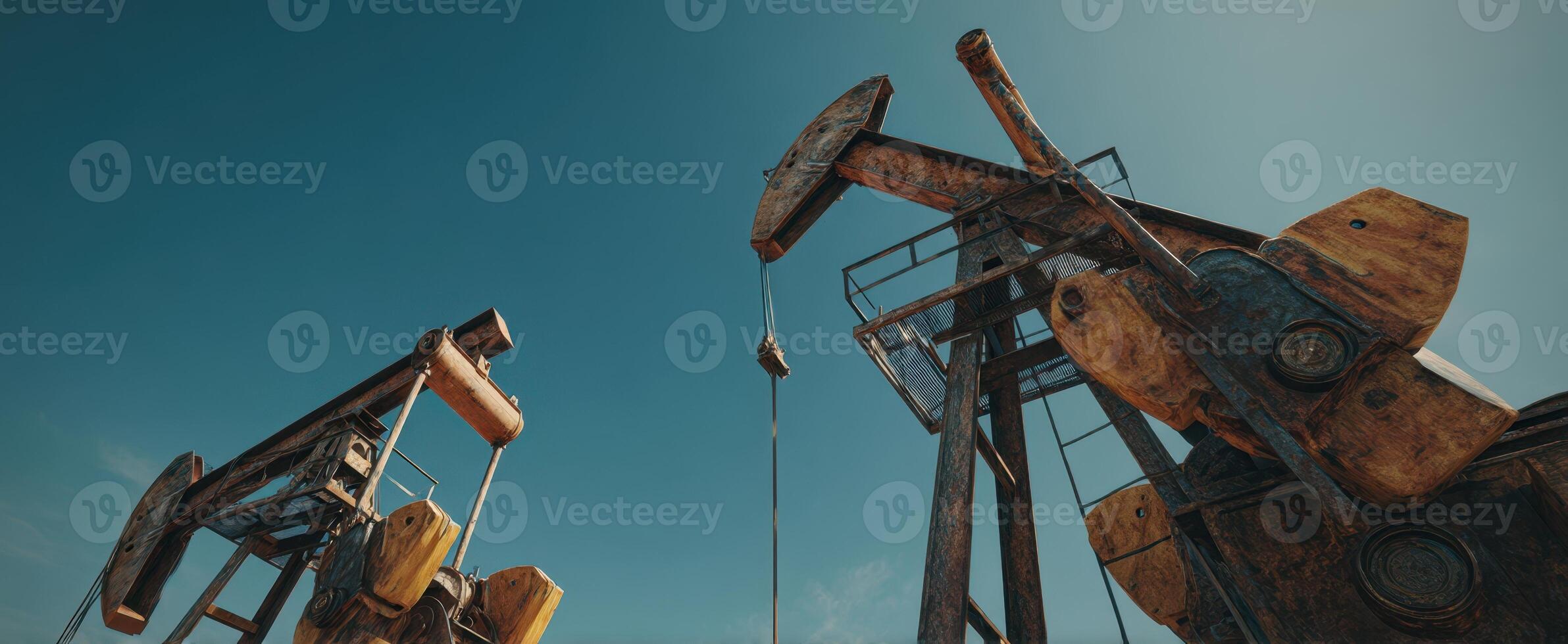 The oil pumpjacks silhouetted against a clear blue sky in a natural landscape. photo