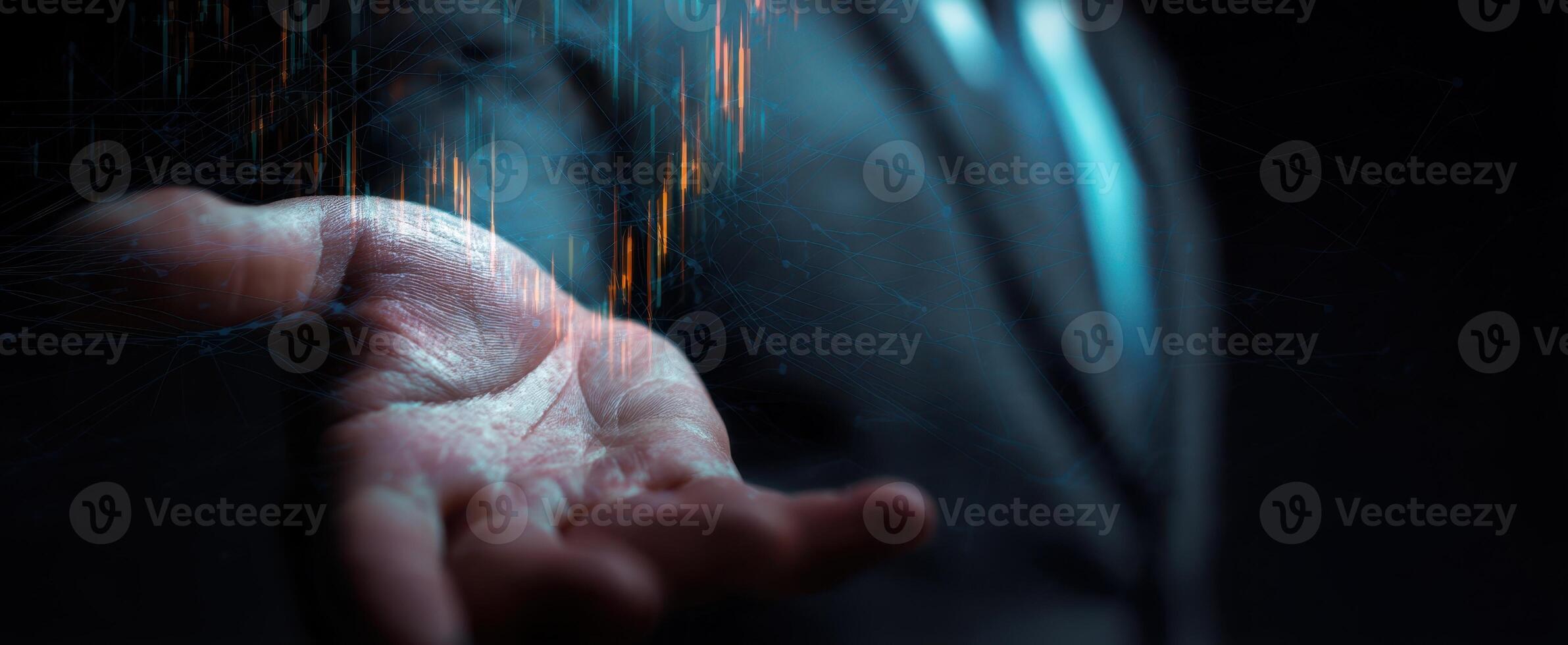 The hand displaying digital data points in a professional business environment. photo