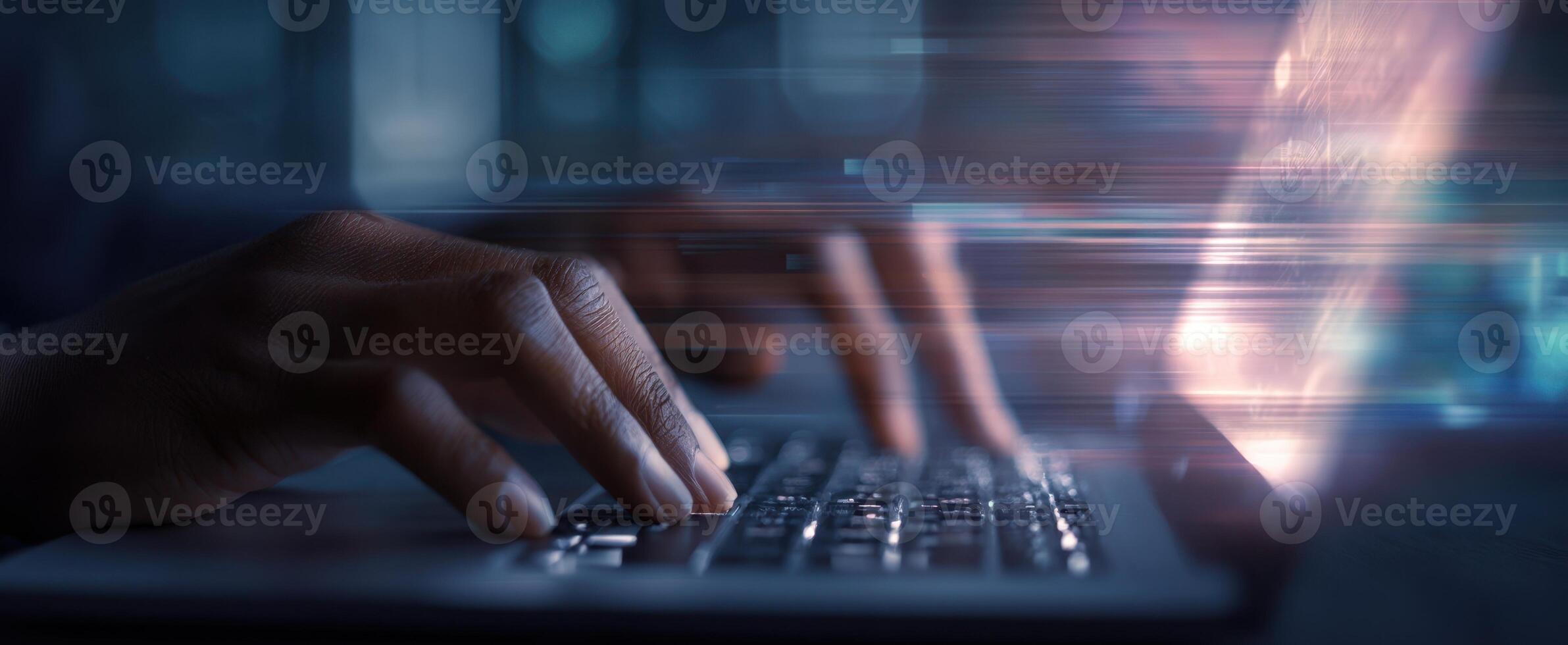 The hands typing rapidly on a laptop with digital motion effects. photo