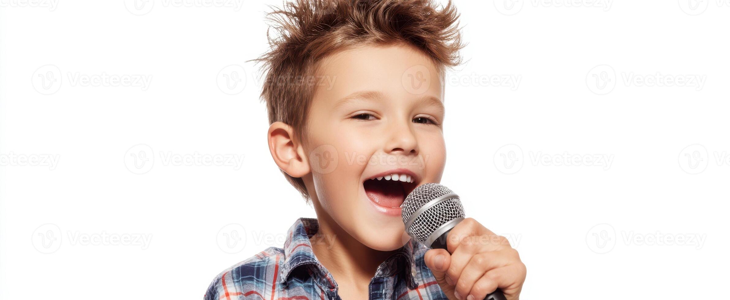 The joyful boy singing passionately into a microphone with bright enthusiasm. photo
