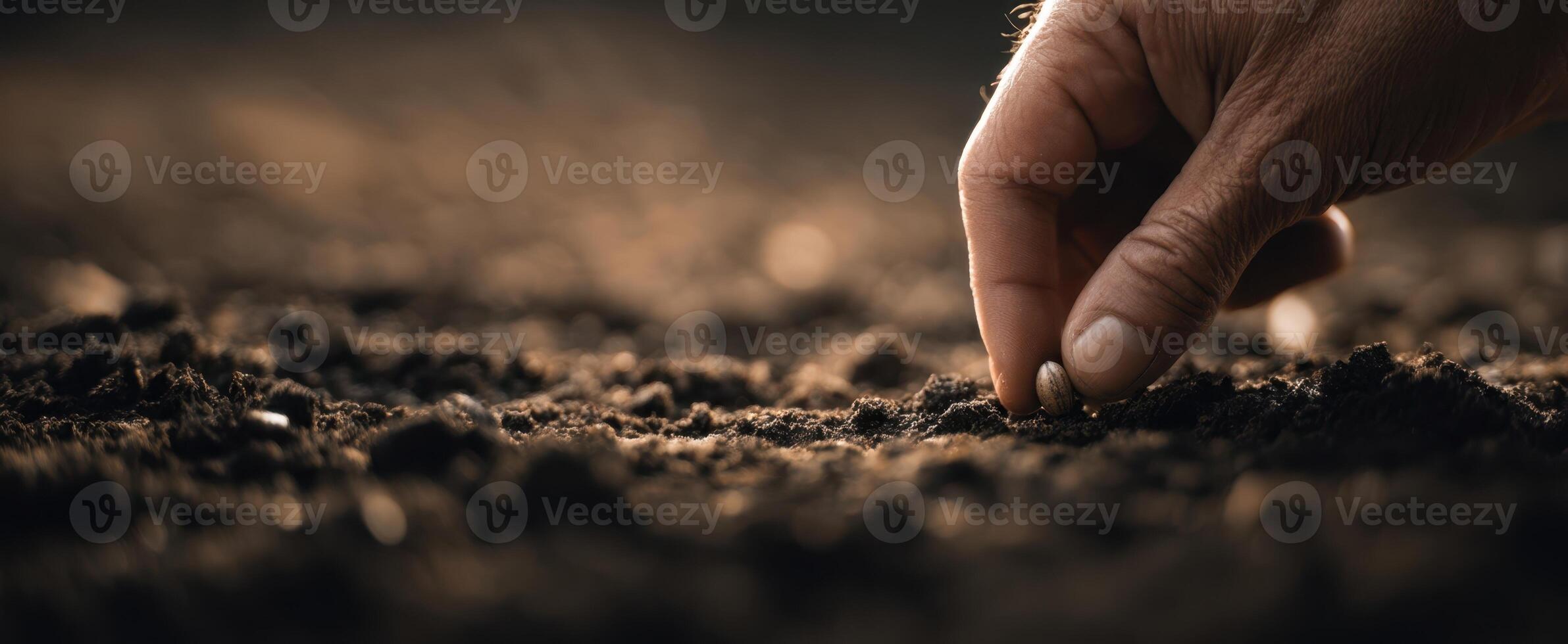 The hand planting seeds into fertile soil for future growth and nourishment. photo