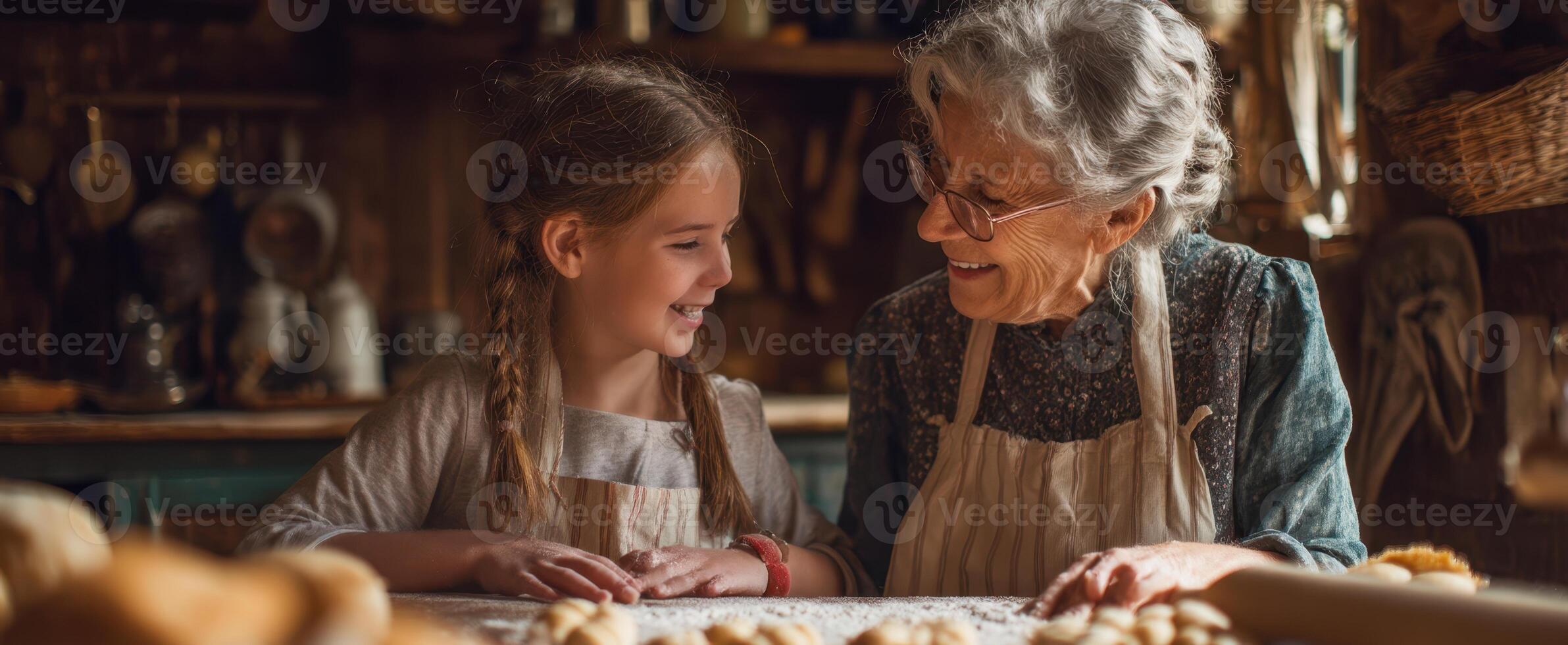 The grandmother and granddaughter sharing joyful moments while baking together. photo