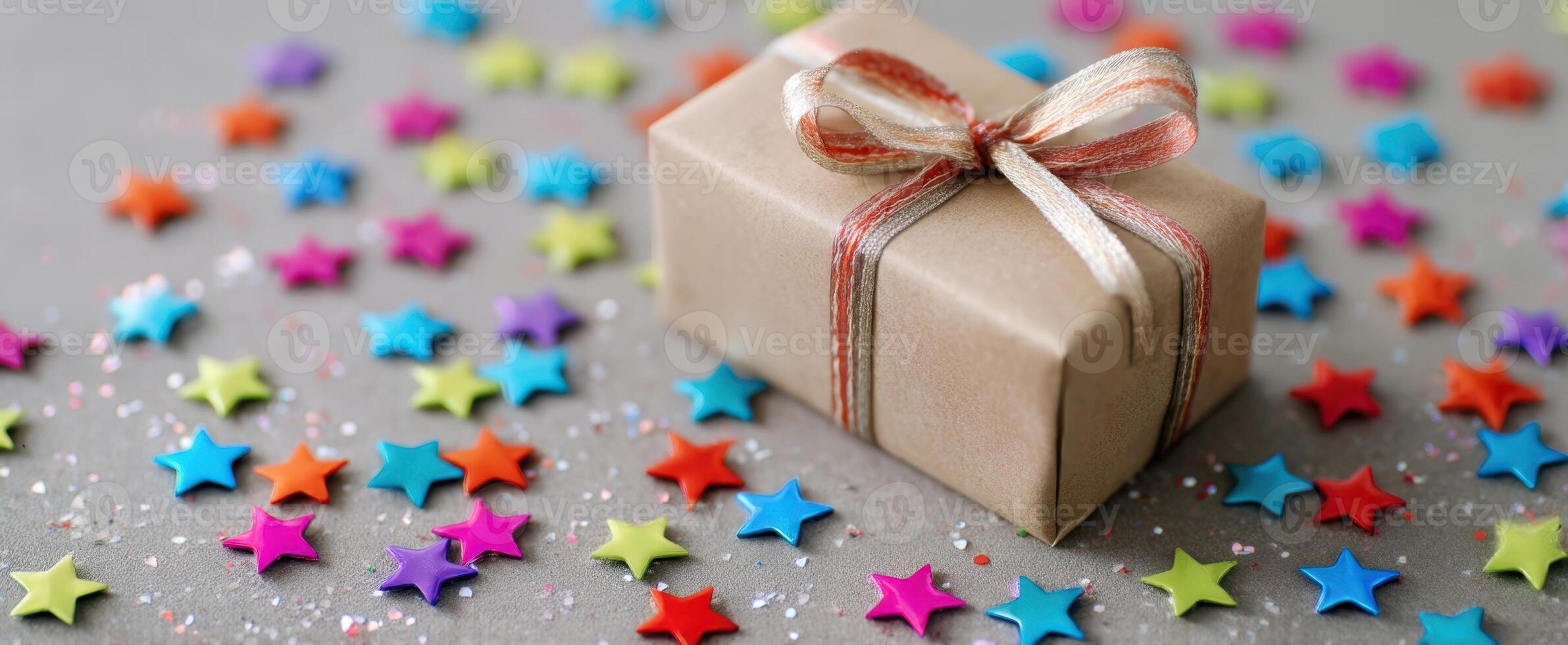 The beautifully wrapped gift box surrounded by colorful star decorations. photo