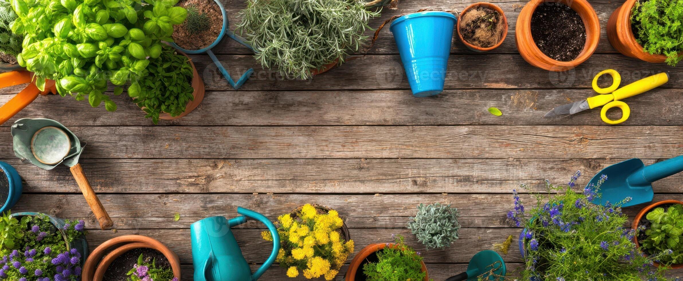 The colorful garden workspace with plants and gardening tools ready for cultivation. photo
