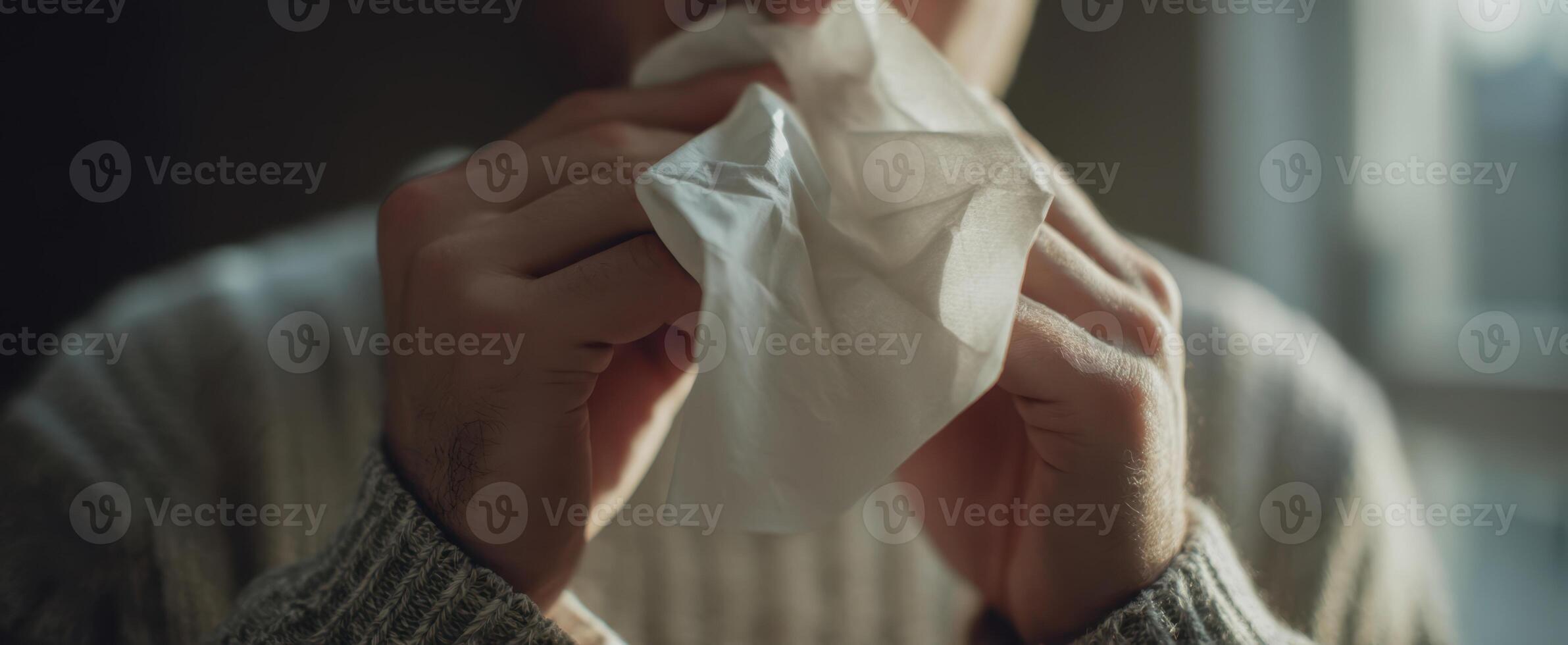 The man holding a tissue with a look of discomfort and emotion. photo