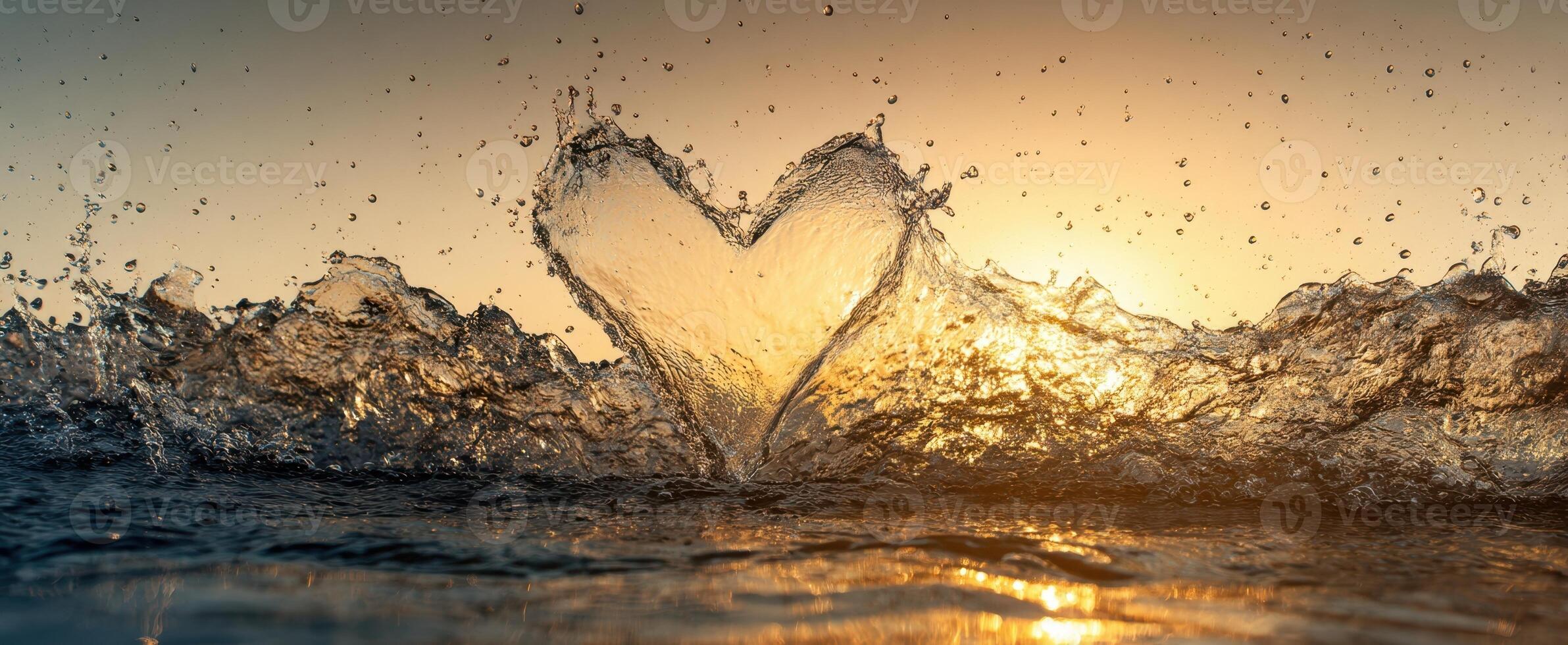 The Heart-Shaped Splash Illuminated by a Golden Sunset in the Ocean photo