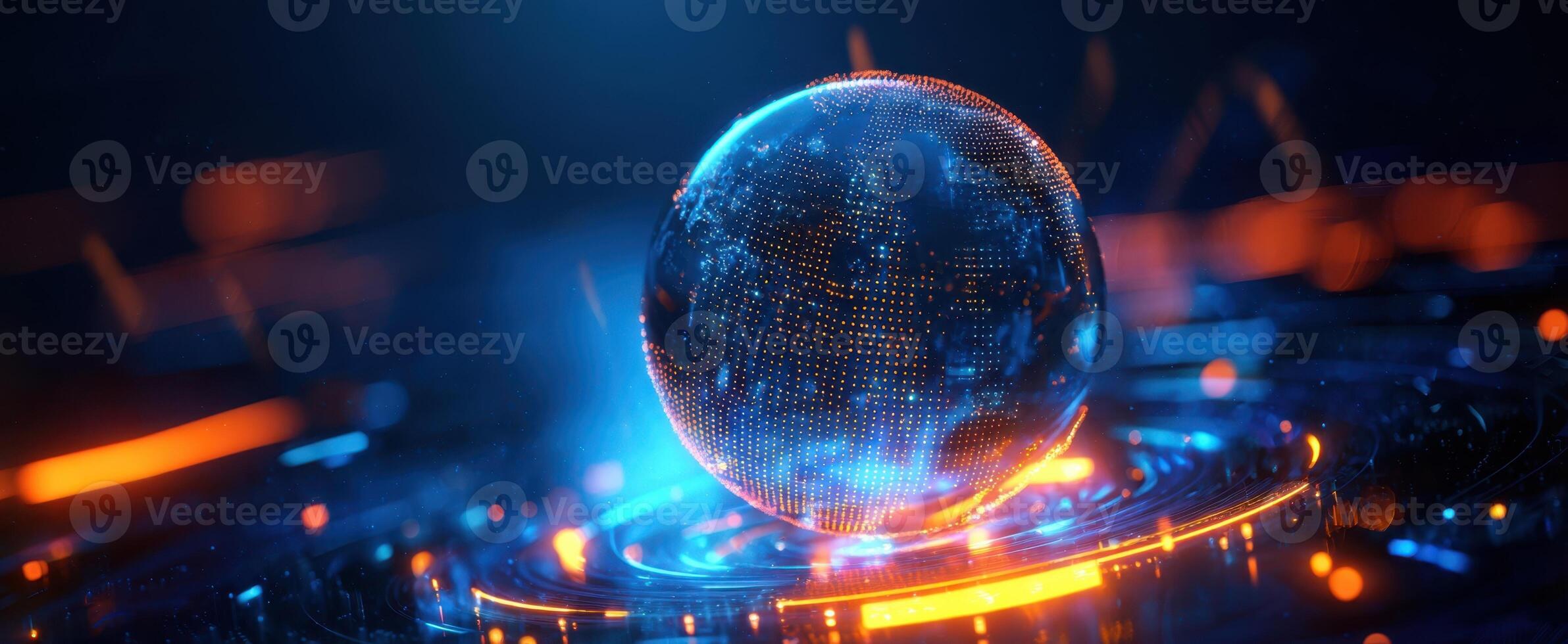 The holographic globe surrounded by futuristic digital elements and glowing lights. photo
