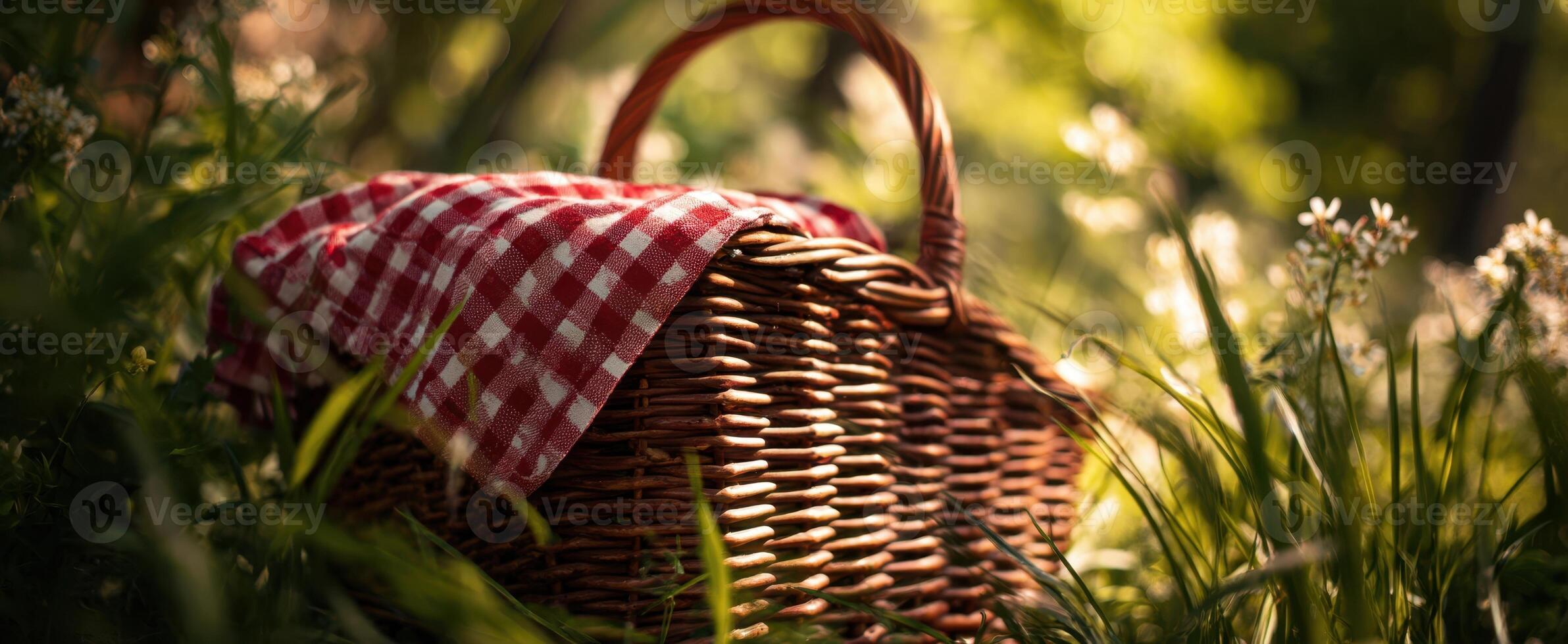 The picnic basket nestled in a sunlit meadow surrounded by lush greenery. photo