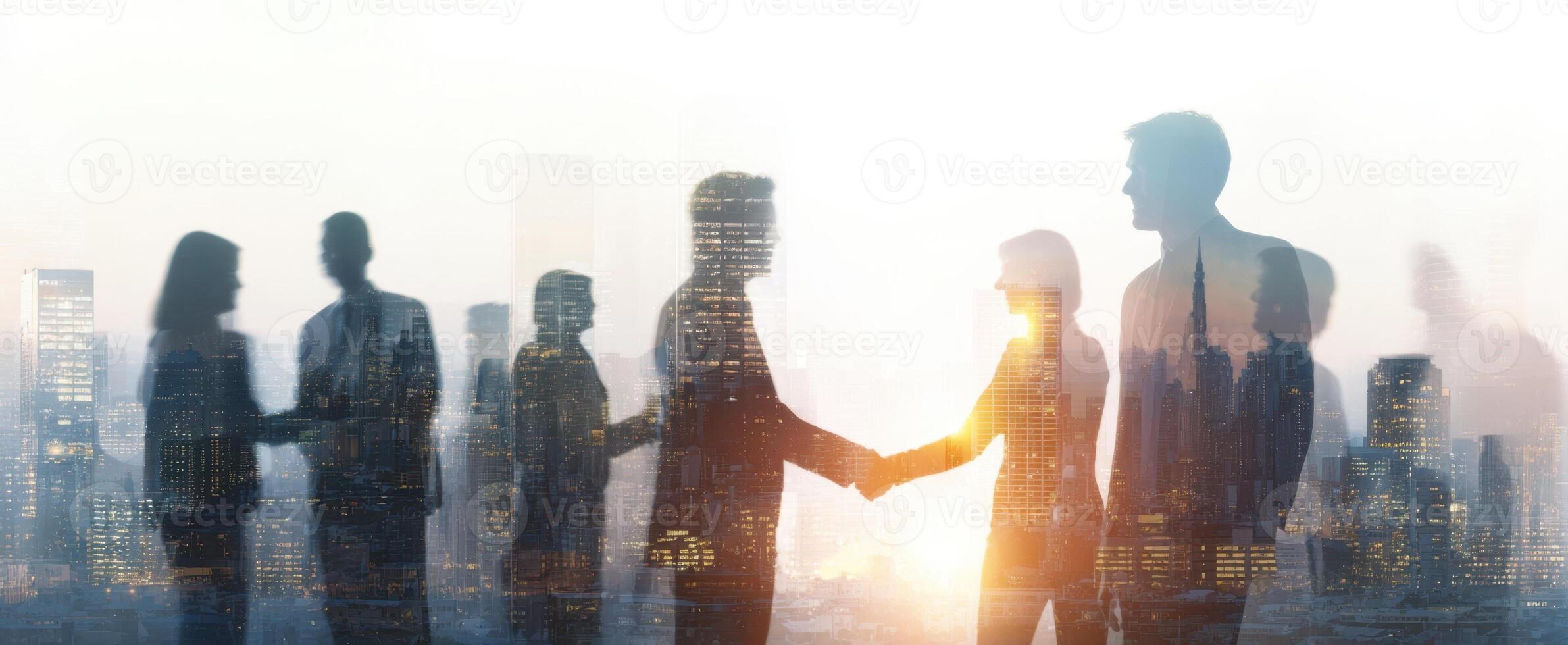 The handshake between professionals symbolizes successful collaboration in an urban skyline. photo