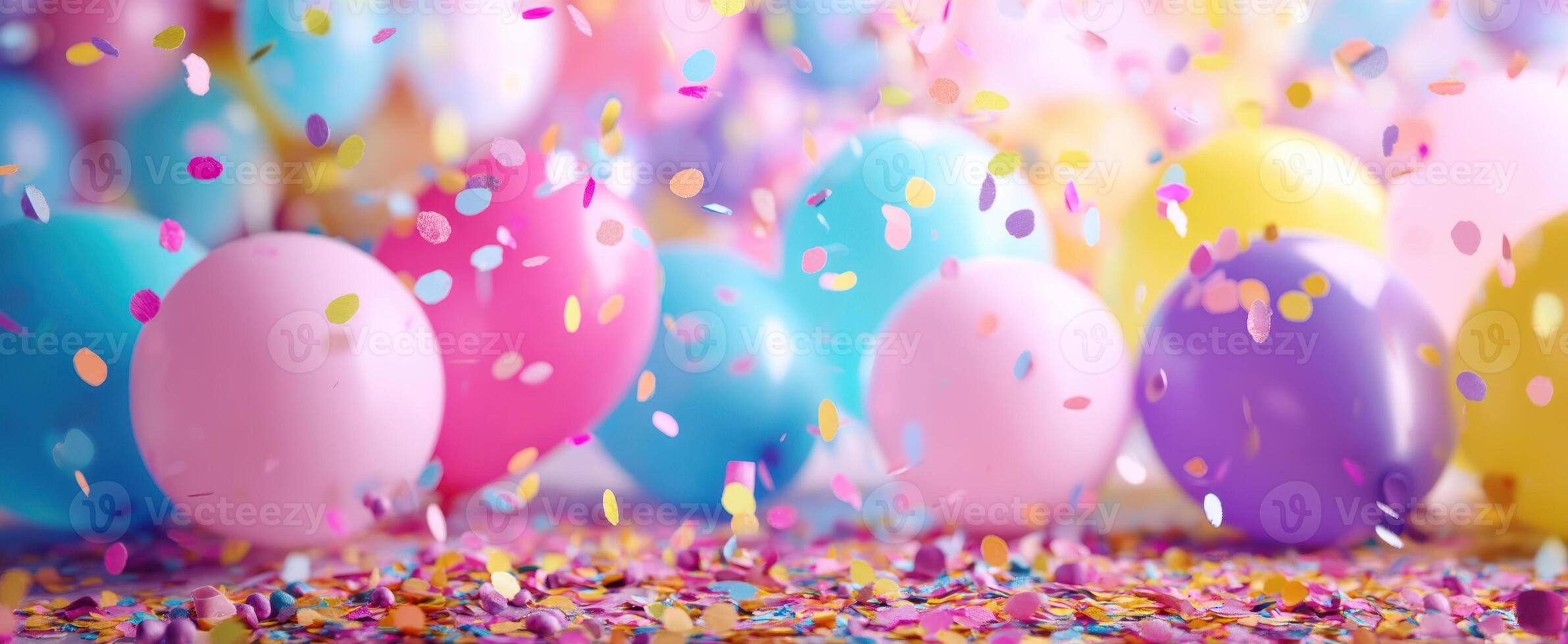The colorful balloons and confetti creating a festive celebration atmosphere. photo
