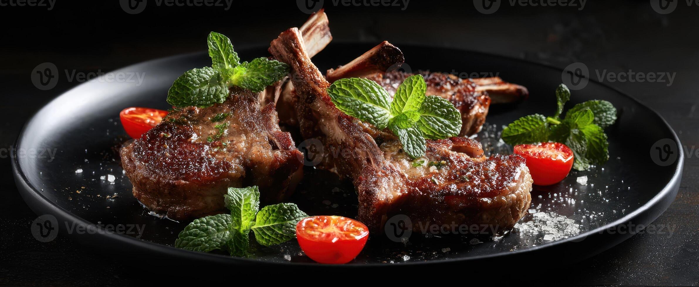 The beautifully plated lamb chops garnished with fresh mint and cherry tomatoes. photo
