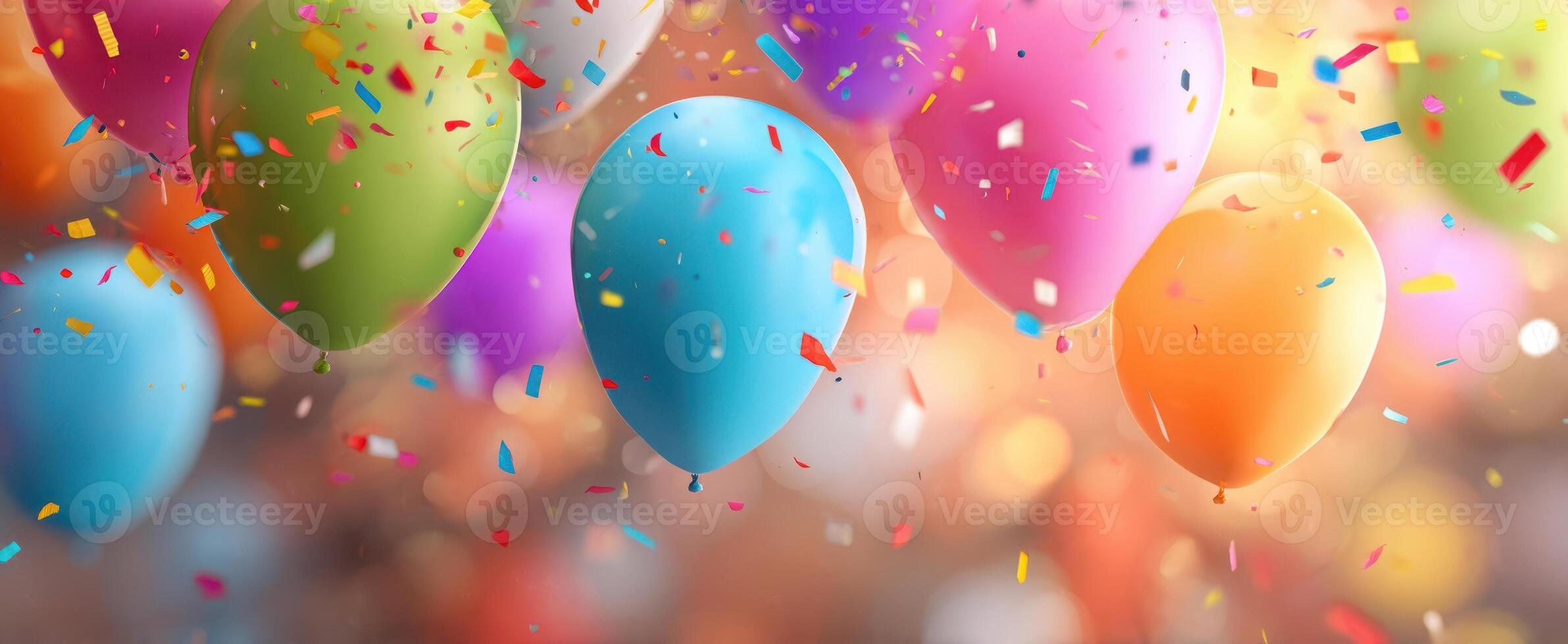 The colorful balloons floating joyfully amidst falling confetti at a celebration photo
