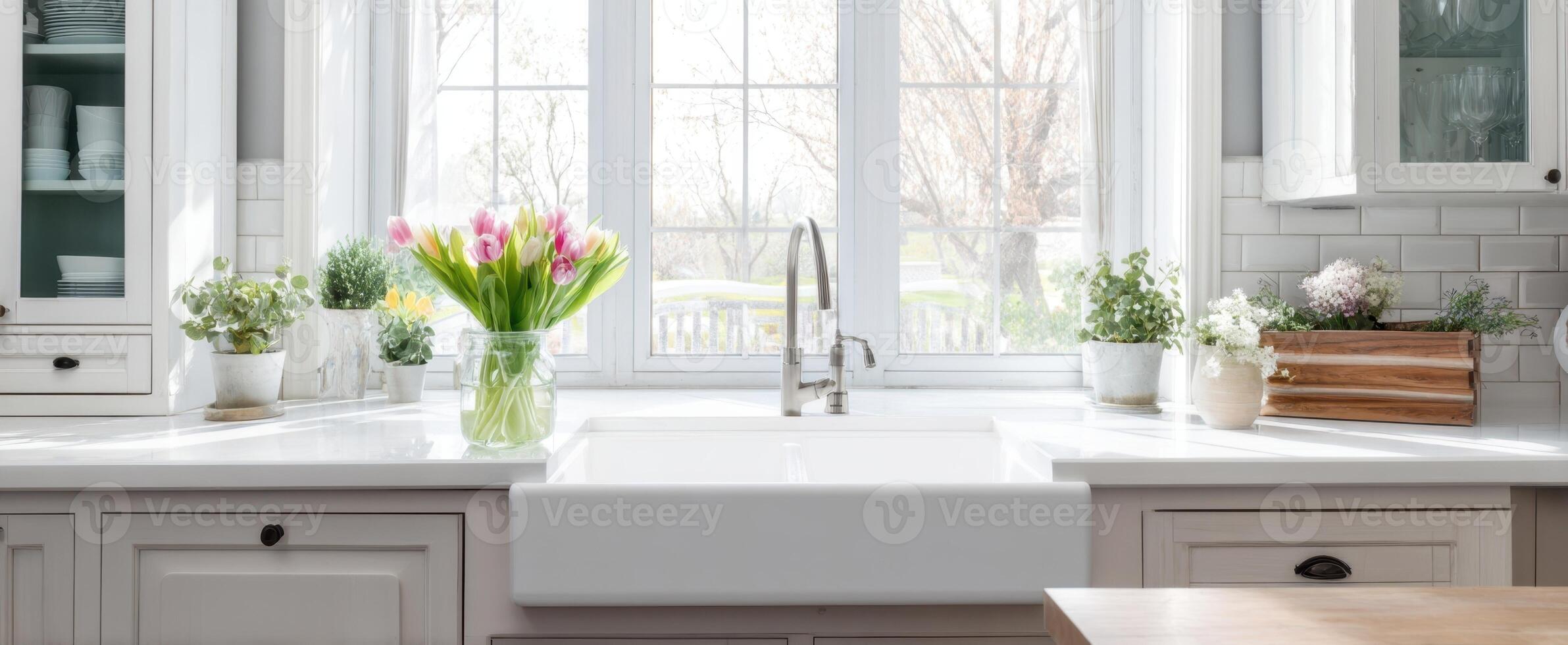 The Bright and Elegant Kitchen with Fresh Tulips and Natural Light. photo