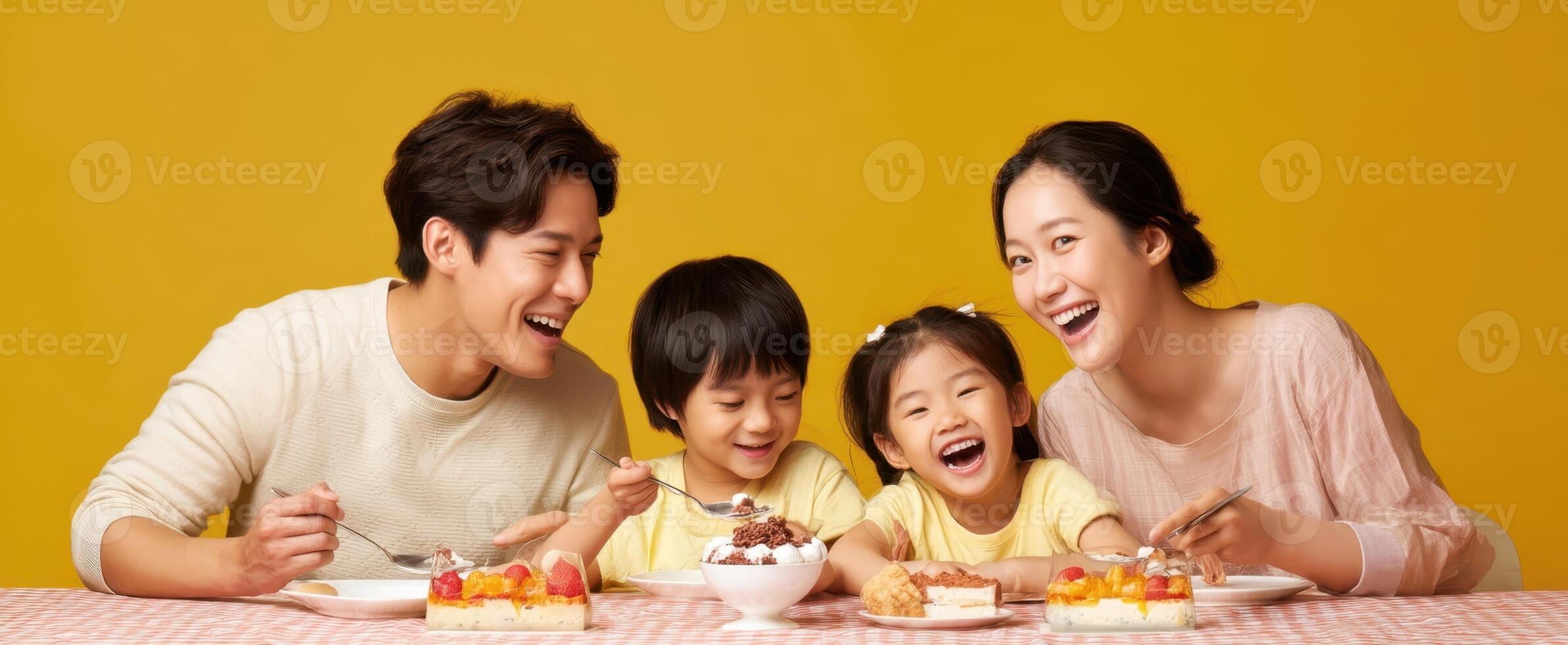 The joyful family enjoying a delicious dessert together in a bright setting. photo