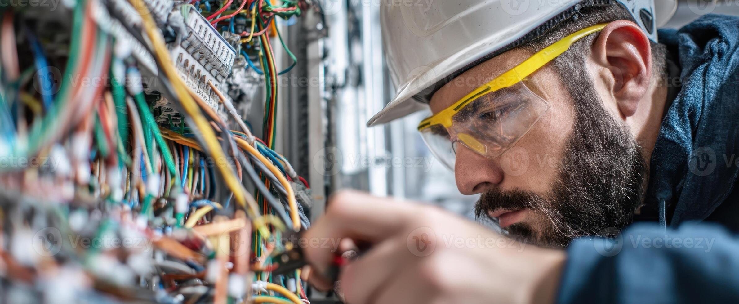The technician working meticulously on complex electrical wiring and connections. photo