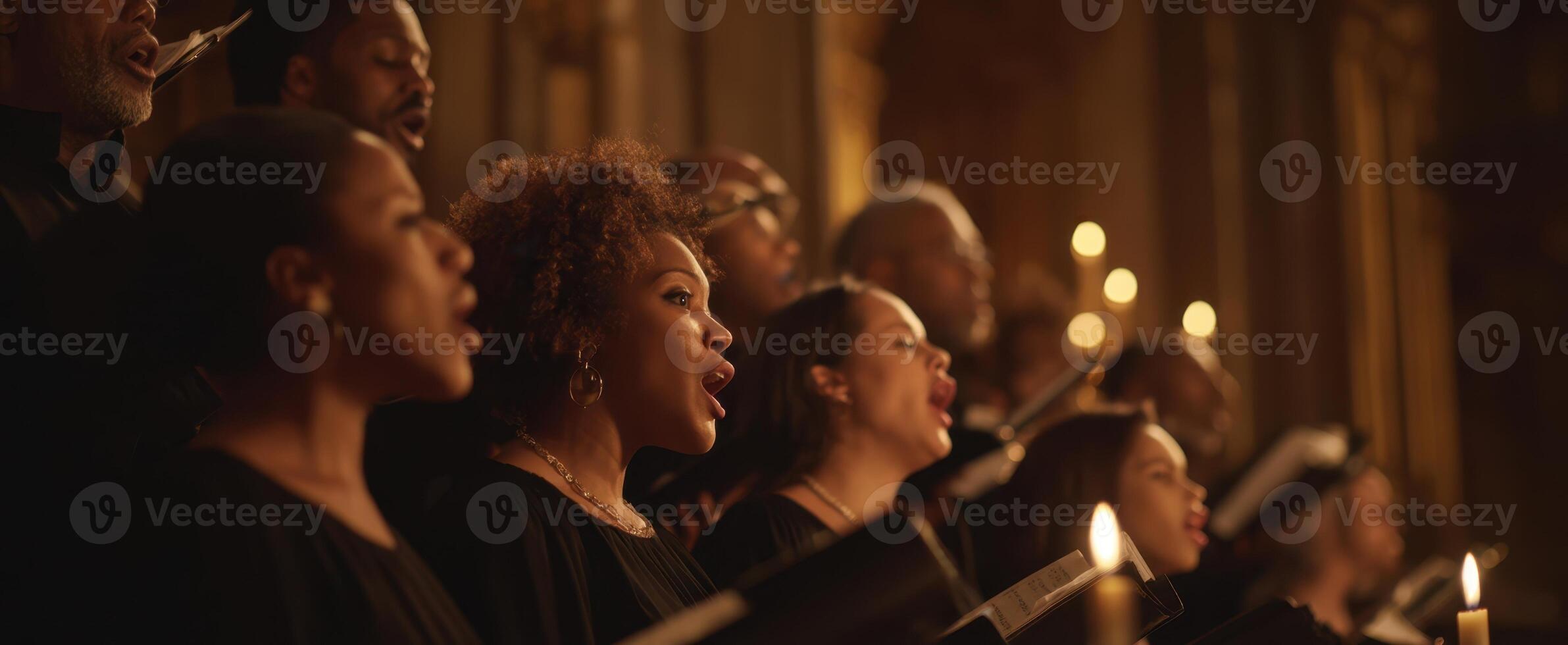 The choir performing a heartfelt song in a dimly lit venue with candles. photo