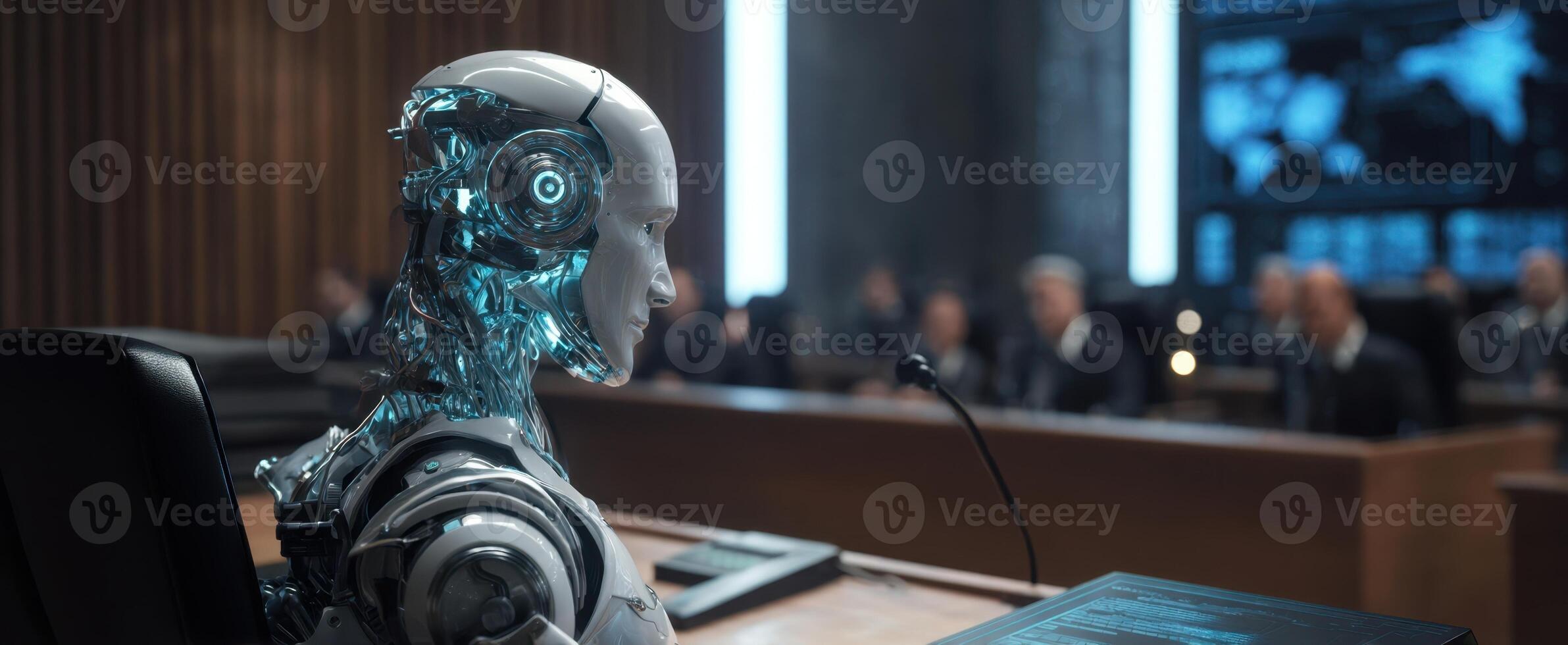 The advanced robot seated in a futuristic courtroom setting during a tense discussion. photo