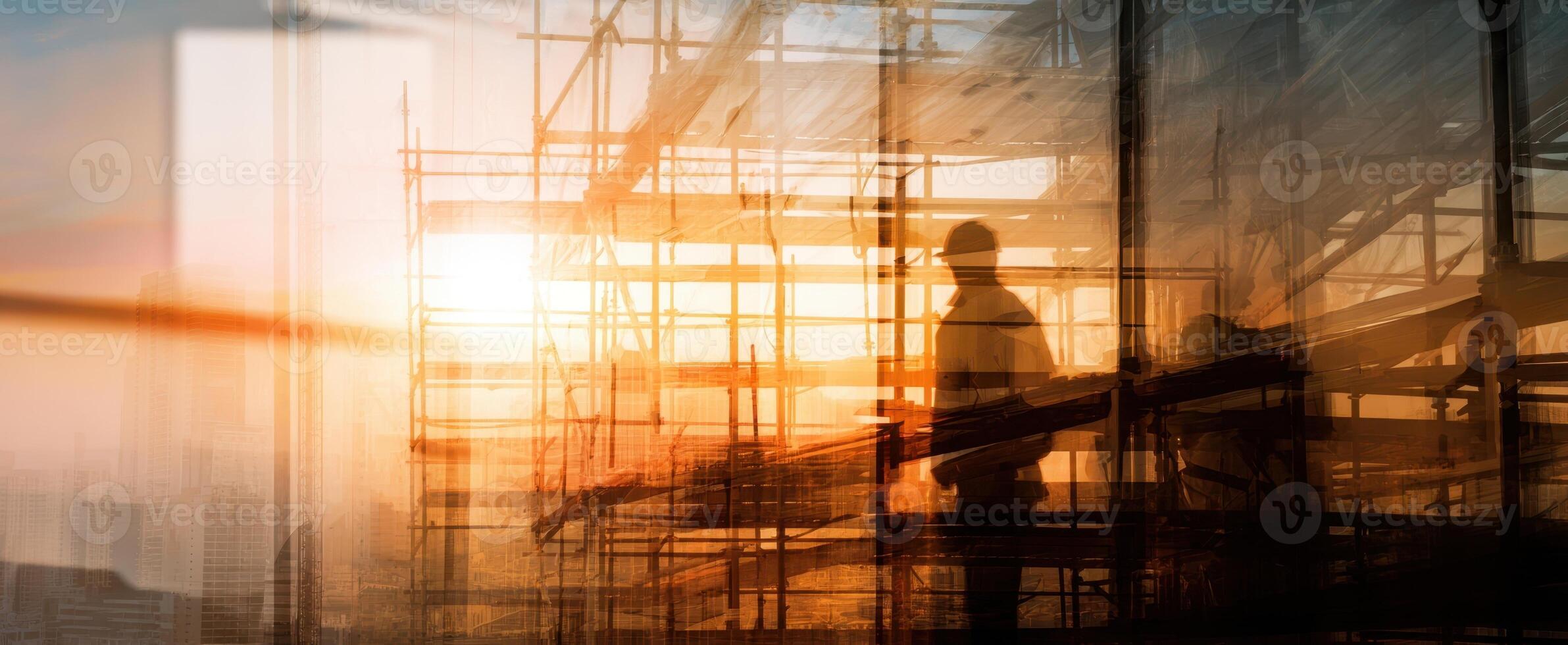 A man is standing in front of a building with a sun setting behind him photo