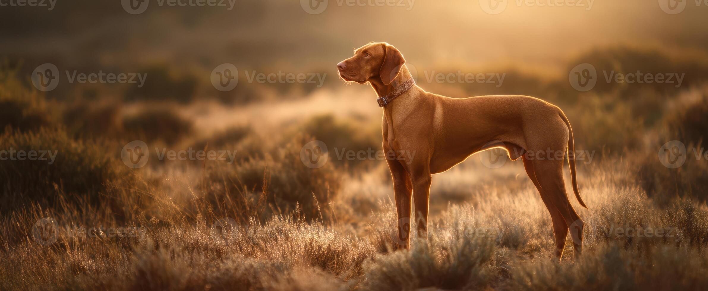 The elegant dog standing majestically in a sunlit golden meadow. photo
