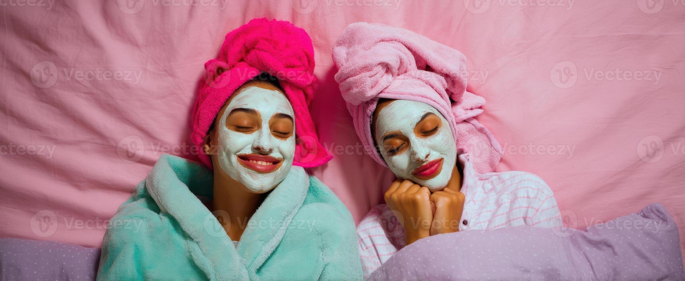 The two friends enjoying a relaxing spa night with face masks and towels. photo