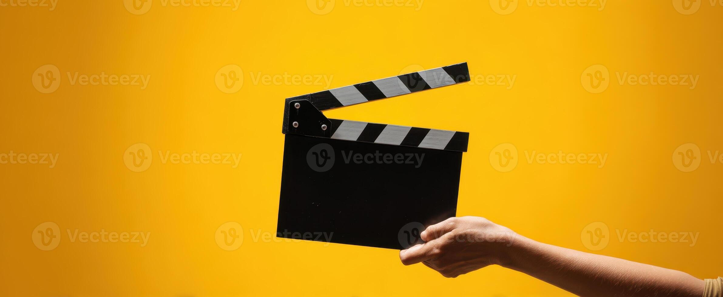 The hand holding a classic clapperboard against a bright yellow background. photo