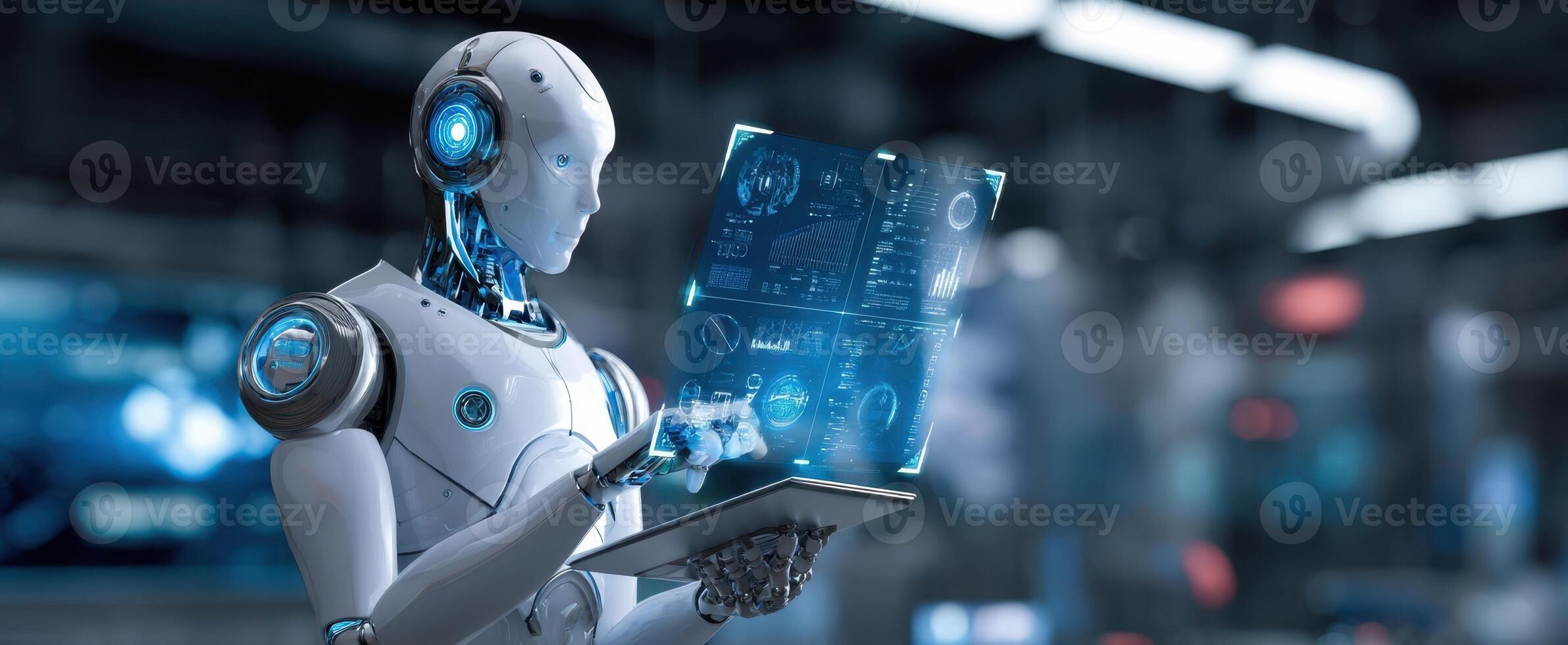 The advanced humanoid robot interacting with holographic data in a futuristic laboratory. photo