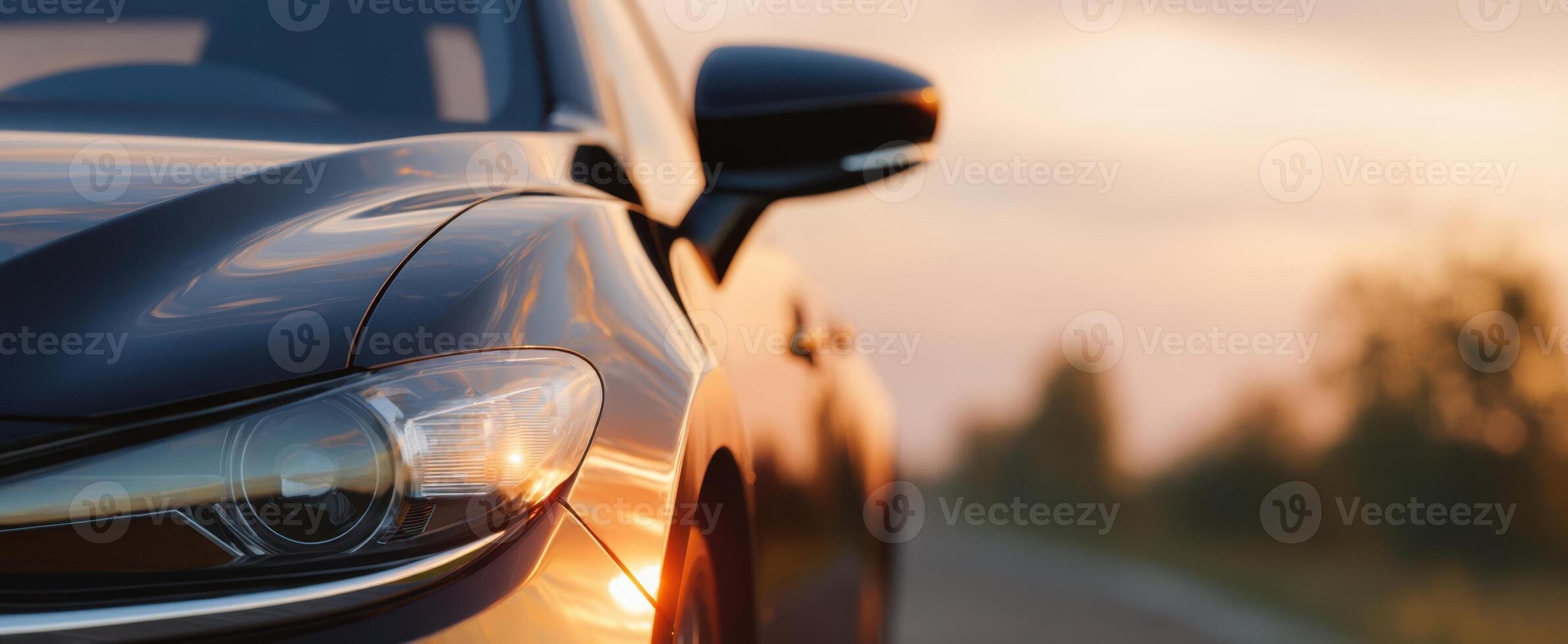 The sleek car glistens in the golden light of a sunset. photo