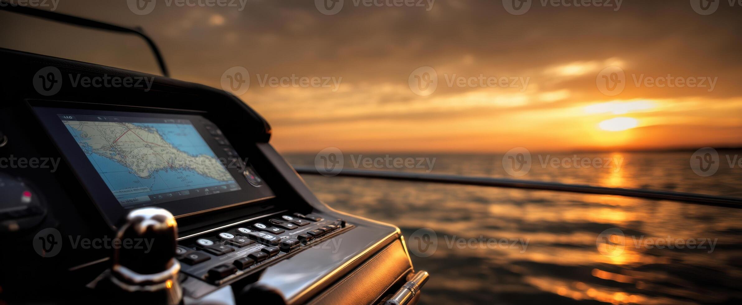 The Boat Dashboard Displaying Navigation During a Stunning Sunset Over Water photo
