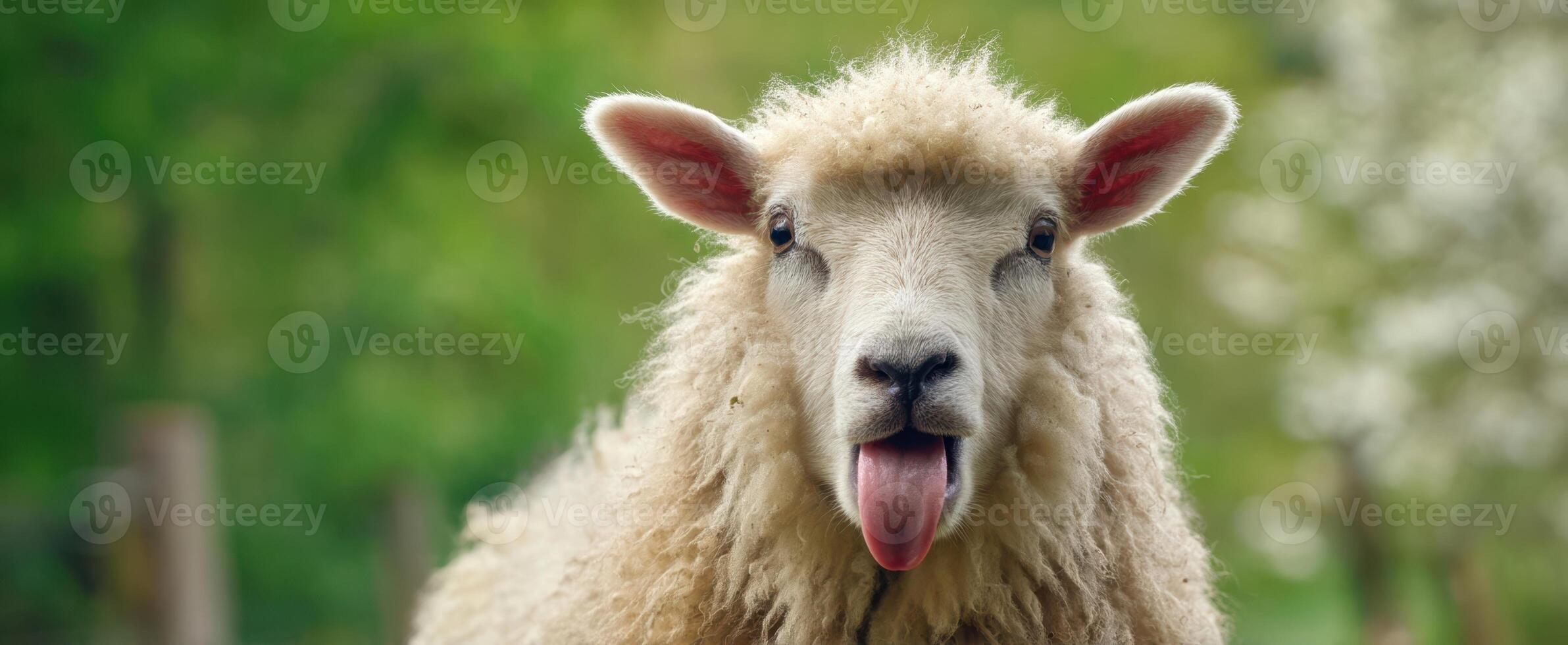The adorable sheep sticking out its tongue in a grassy rural setting. photo