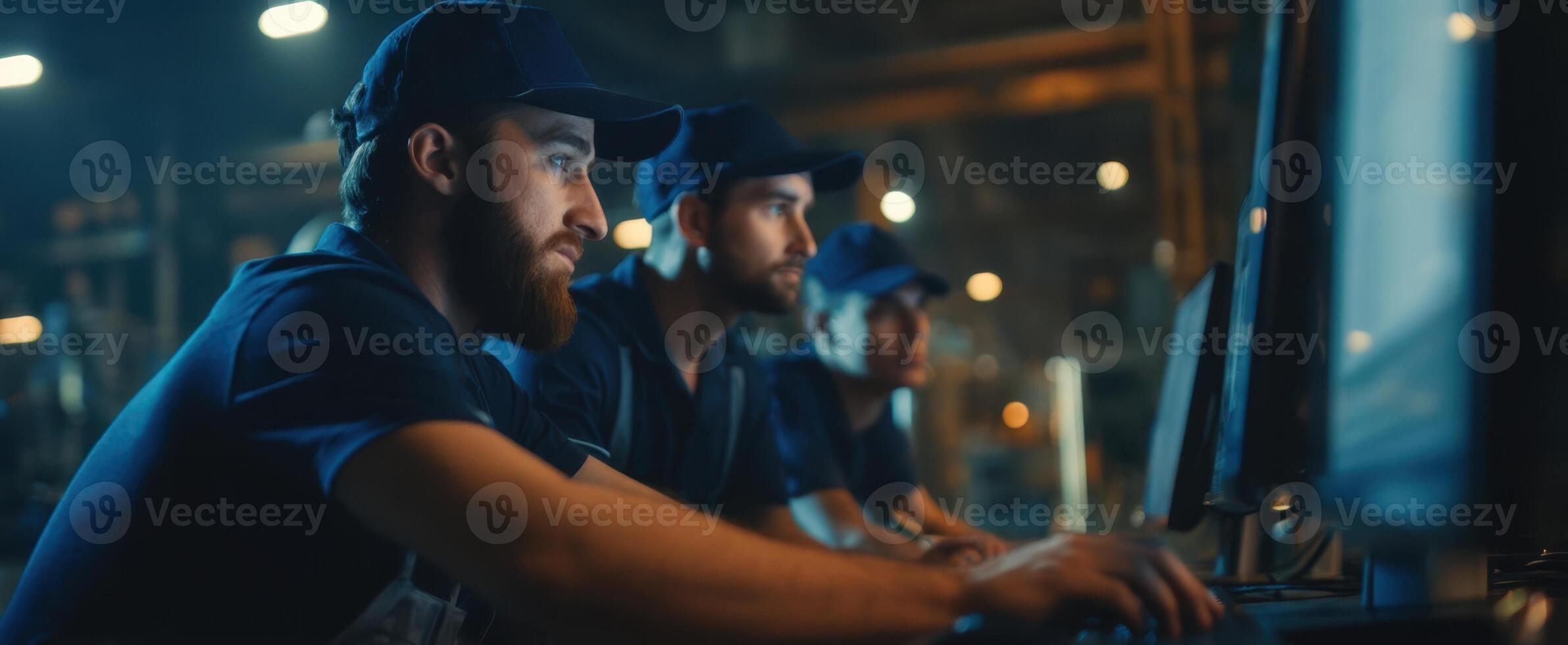 The dedicated team of workers focused on technology in a modern industrial setting. photo