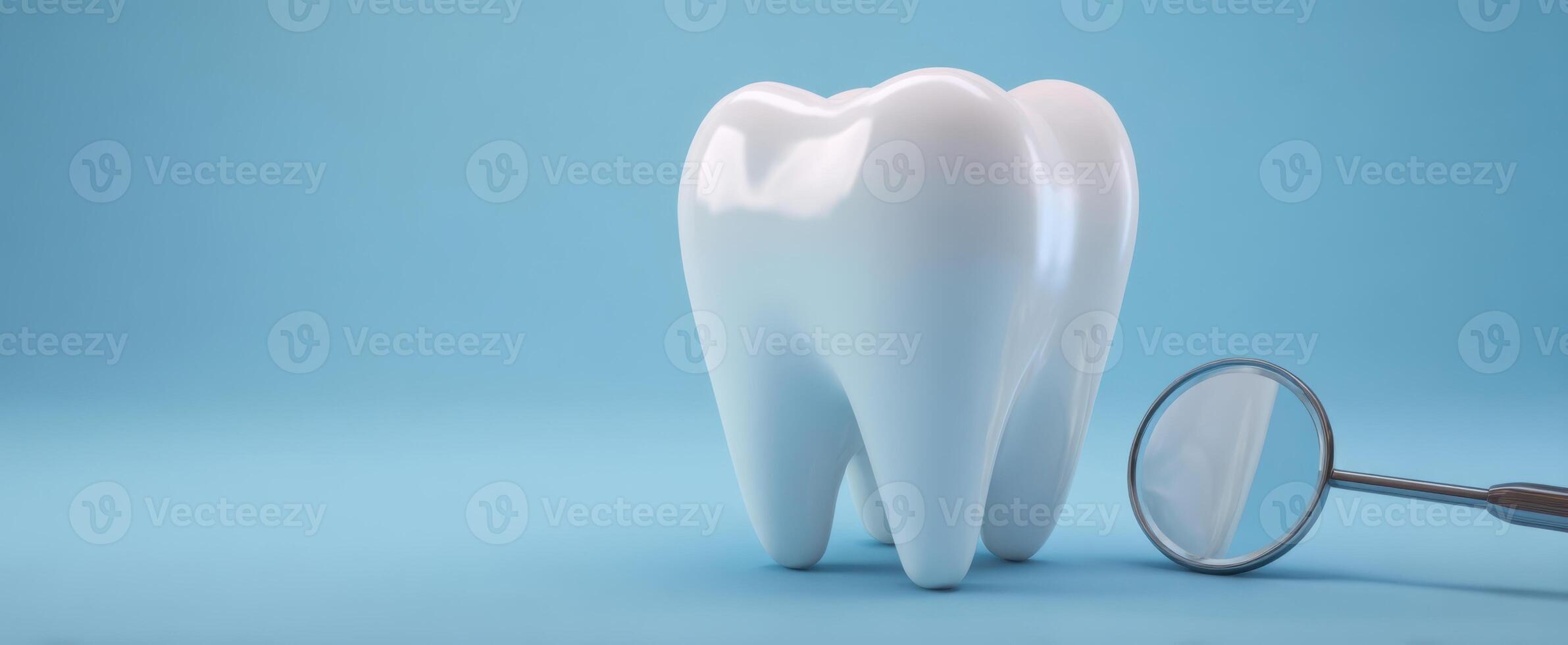 The clean white tooth with a dental mirror on a blue background photo