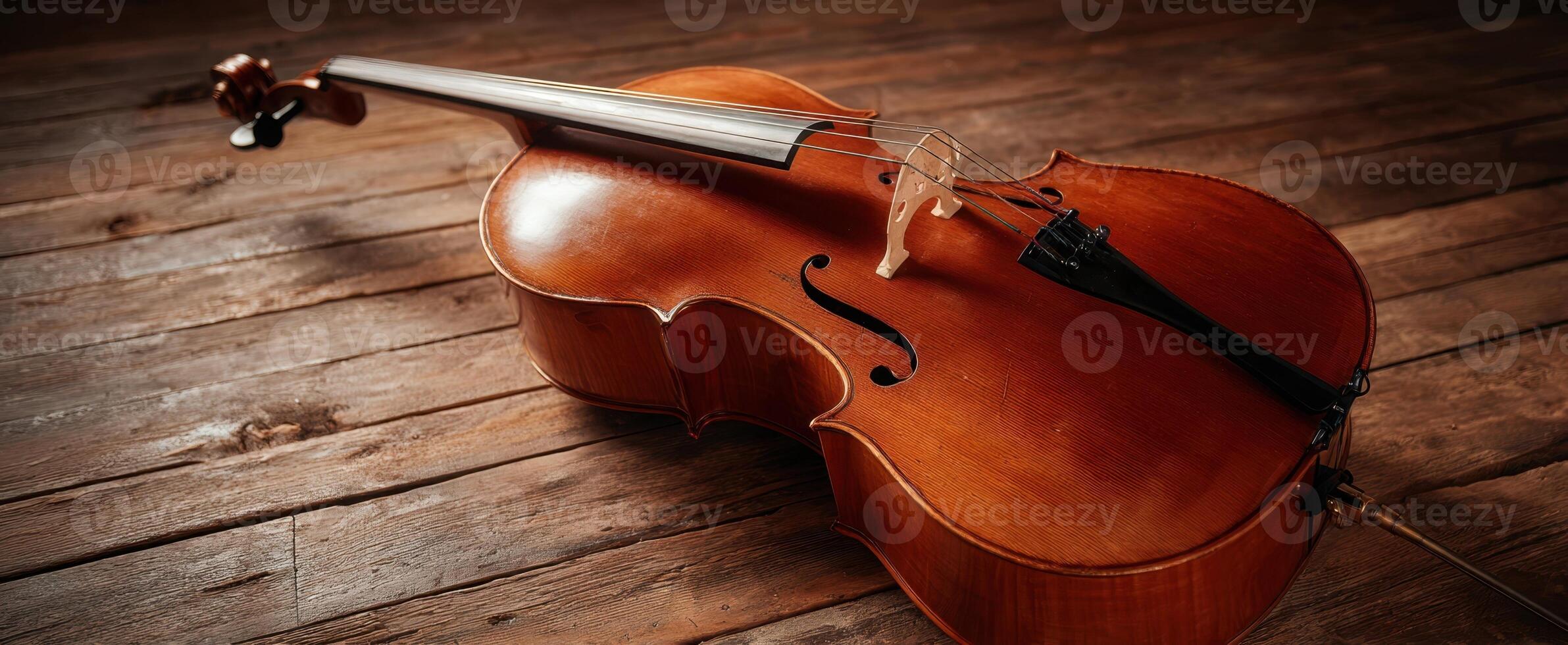 The elegant cello resting on a rustic wooden surface. photo