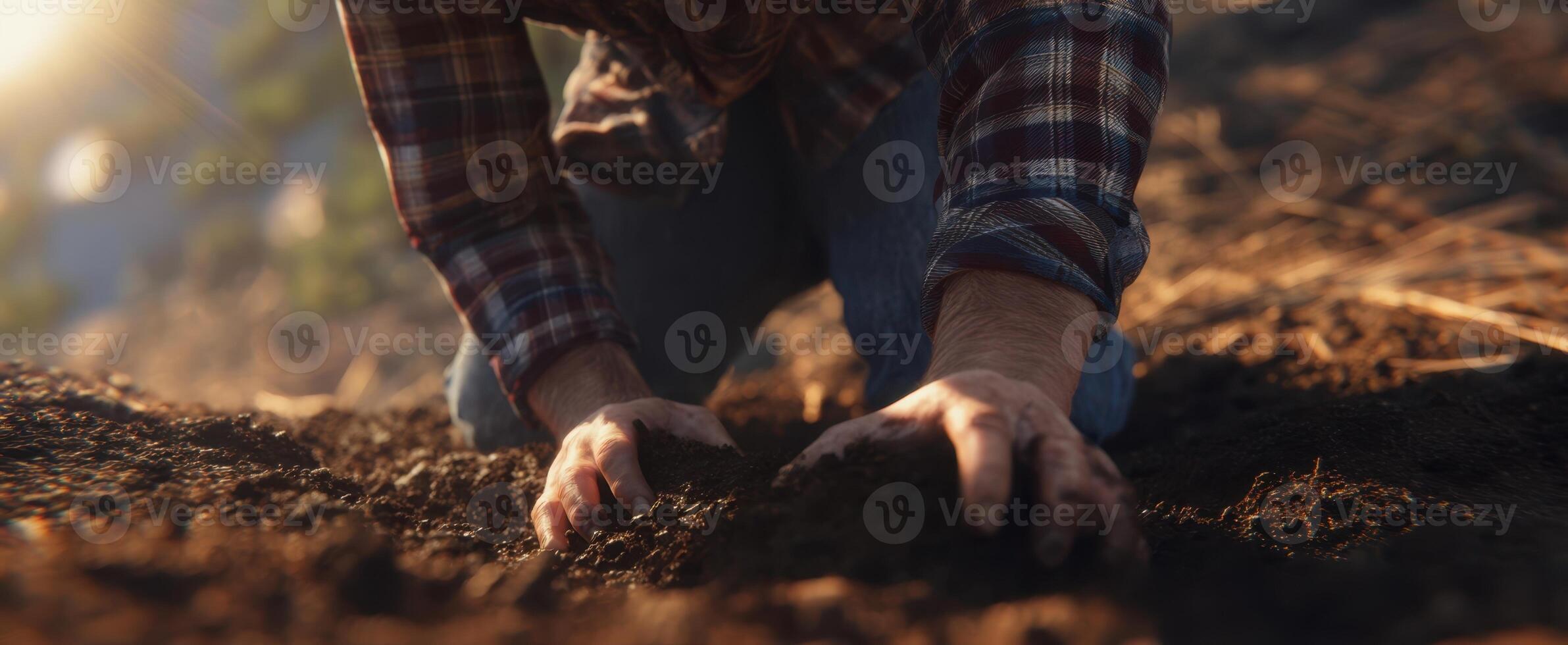 The hands of a farmer nurturing soil under warm sunlight in a tranquil landscape. photo