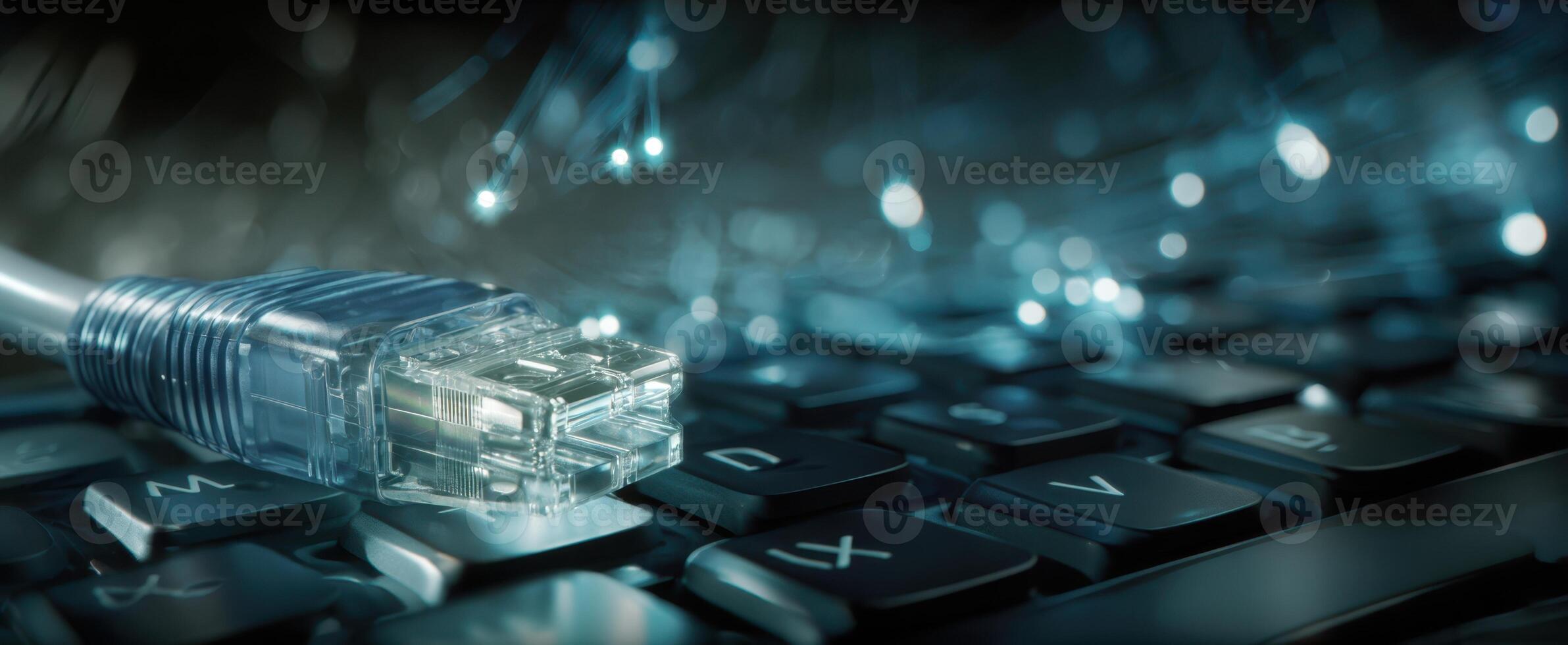 The Ethernet Cable Connected to a Keyboard with Glowing Data Transmission. photo