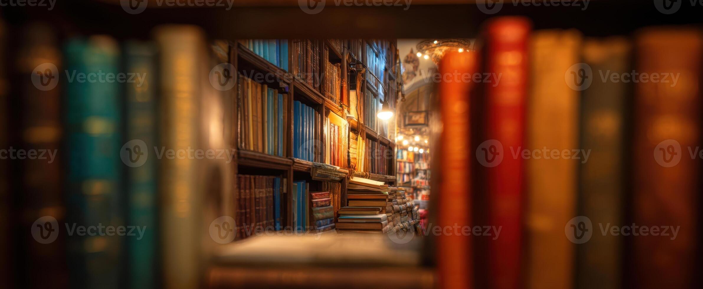 The enchanting library filled with colorful books and warm lighting. photo