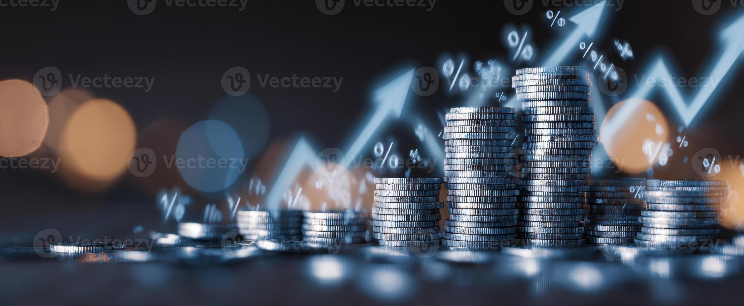 The coins stacked with upward trends illustrating financial growth and profits. photo