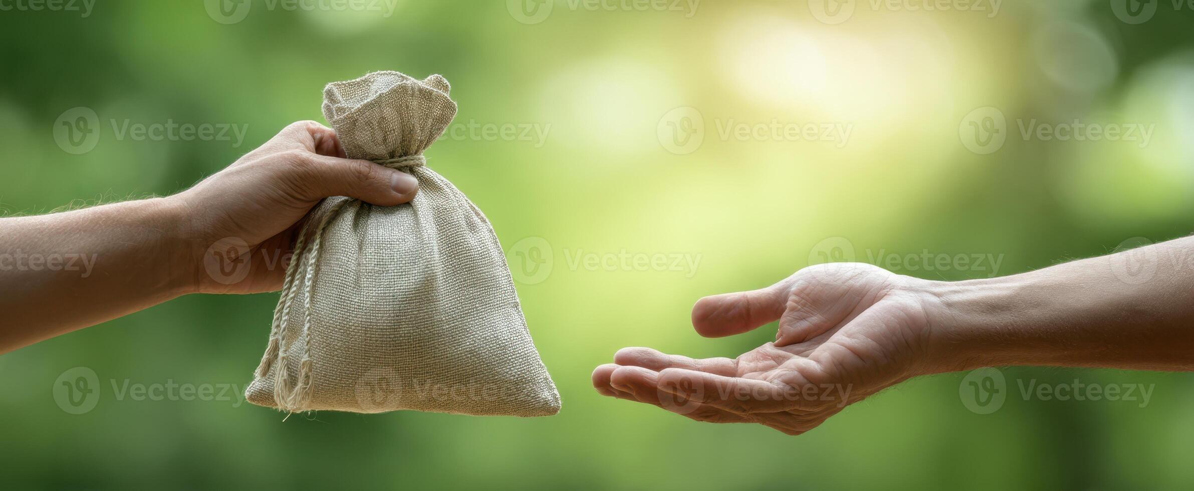 The hands exchanging a money sack in a serene outdoor setting photo