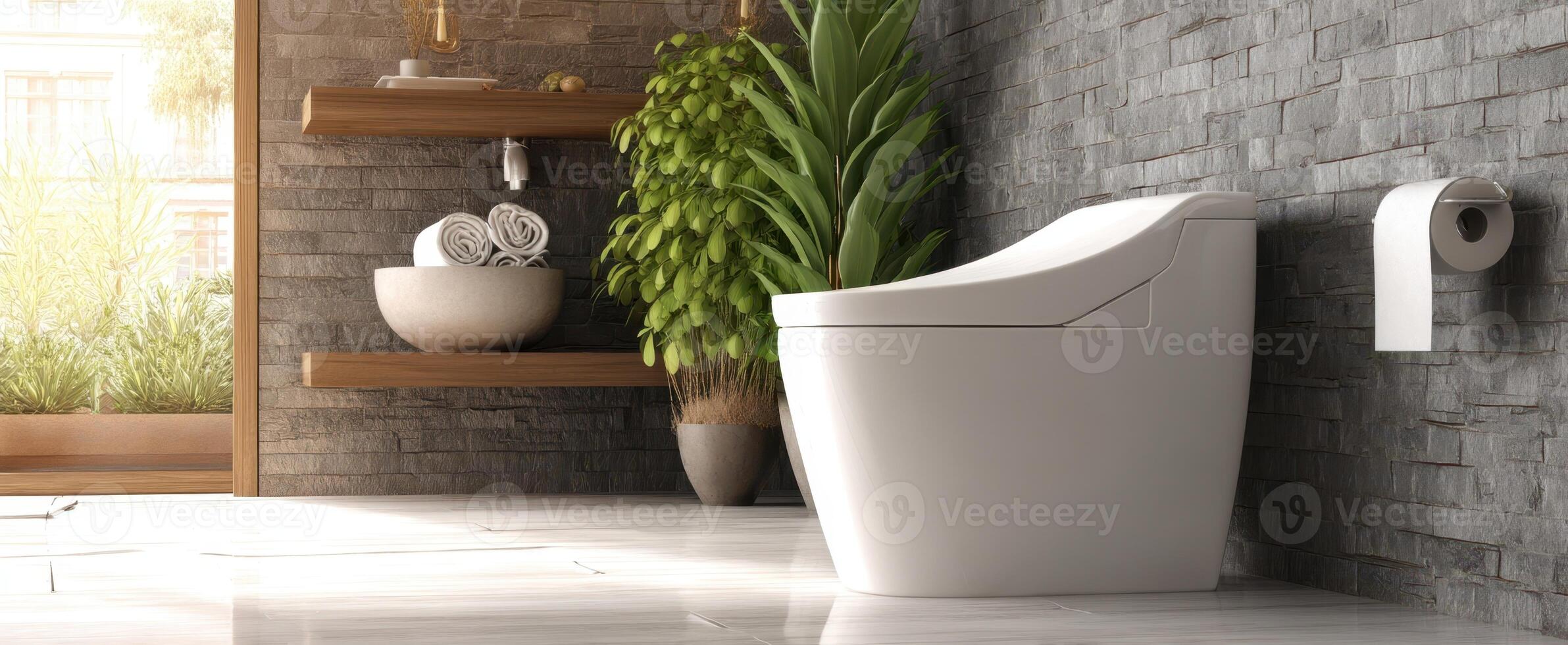 The modern toilet design in a stylish, tranquil bathroom setting with greenery. photo
