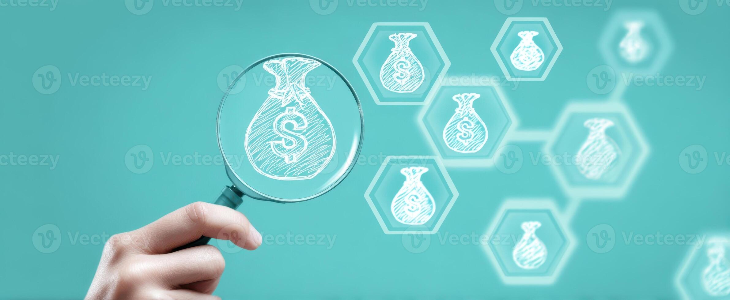 The magnifying glass revealing insights into financial opportunities and investments. photo