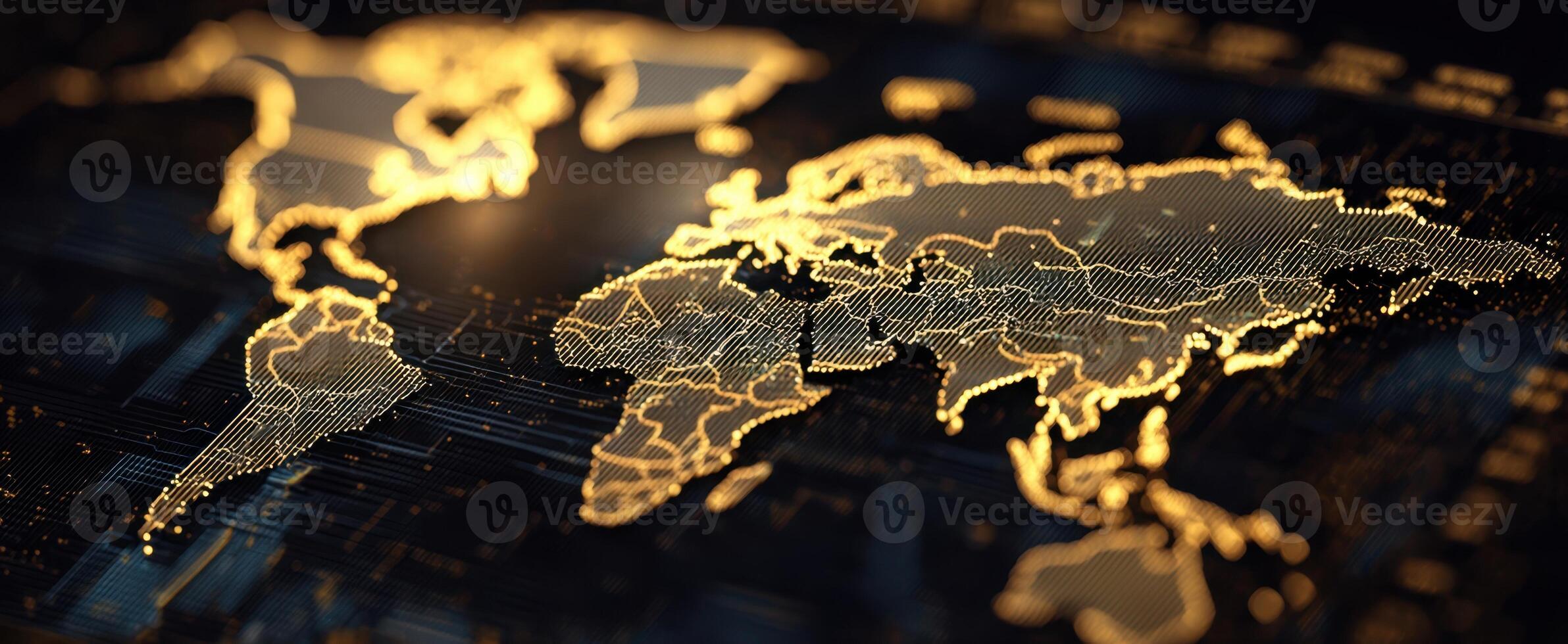 The Golden World Map Displaying Modern Digital Connectivity and Data Visualization photo