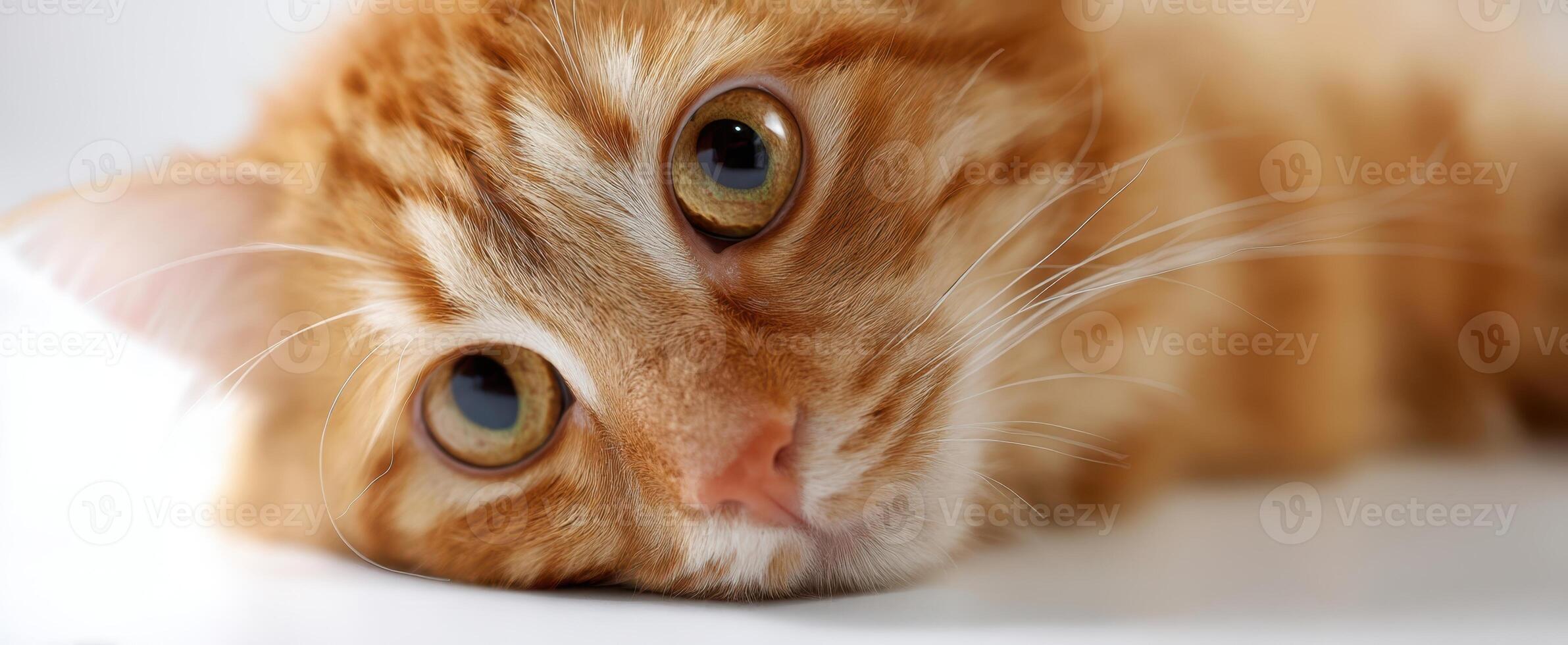 The adorable orange cat resting with curious eyes and gentle expression. photo