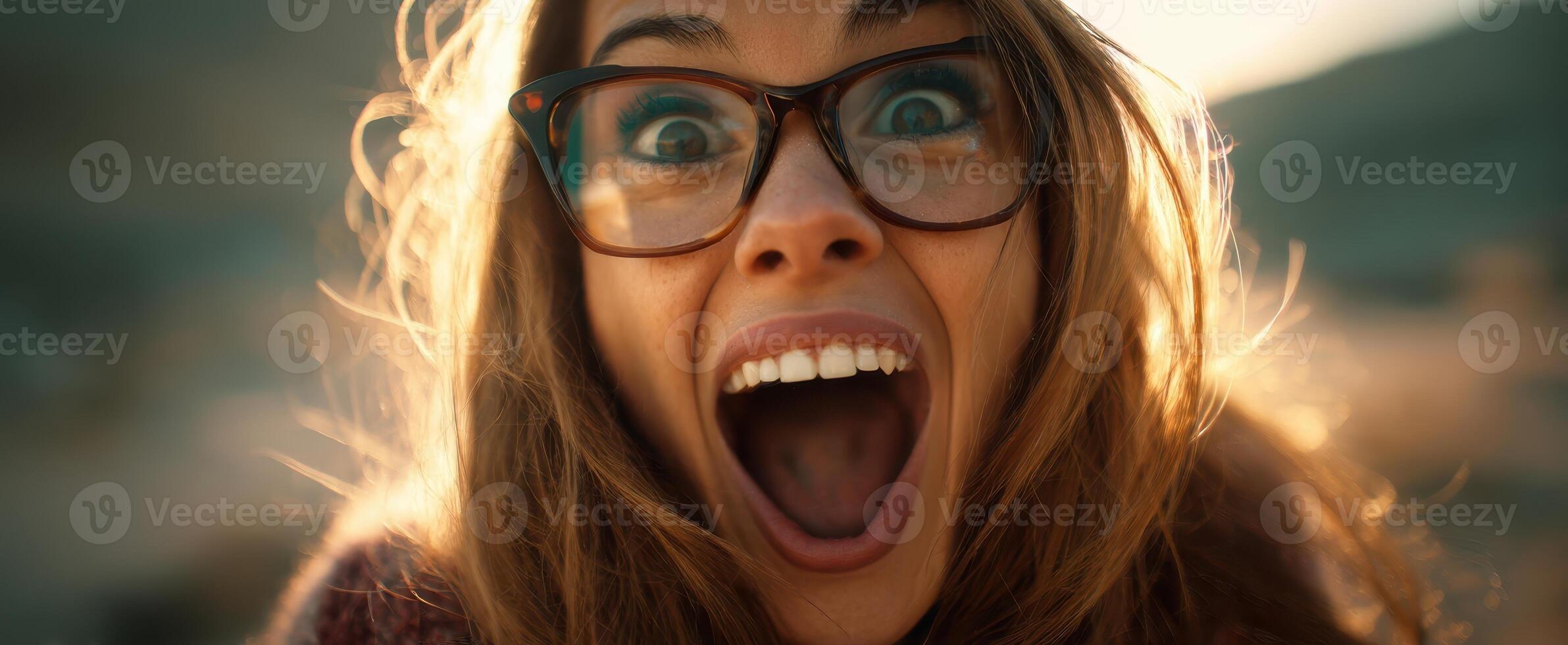 The joyful woman expressing excitement with big glasses and a bright smile. photo