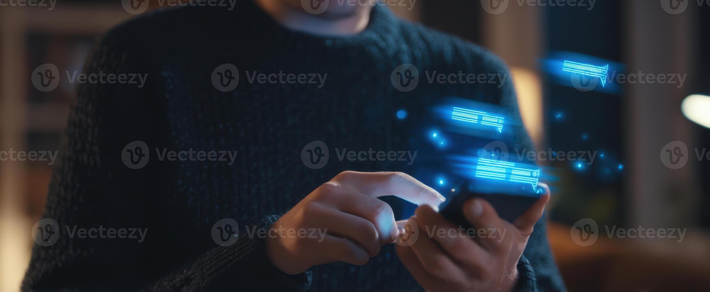 The smartphone displaying glowing messages in a cozy evening setting. photo