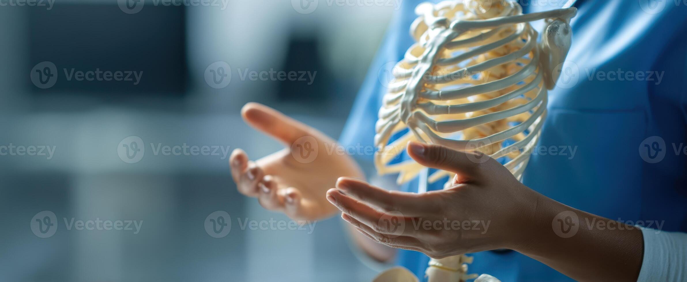 The medical professional presenting a human skeleton for educational purposes. photo