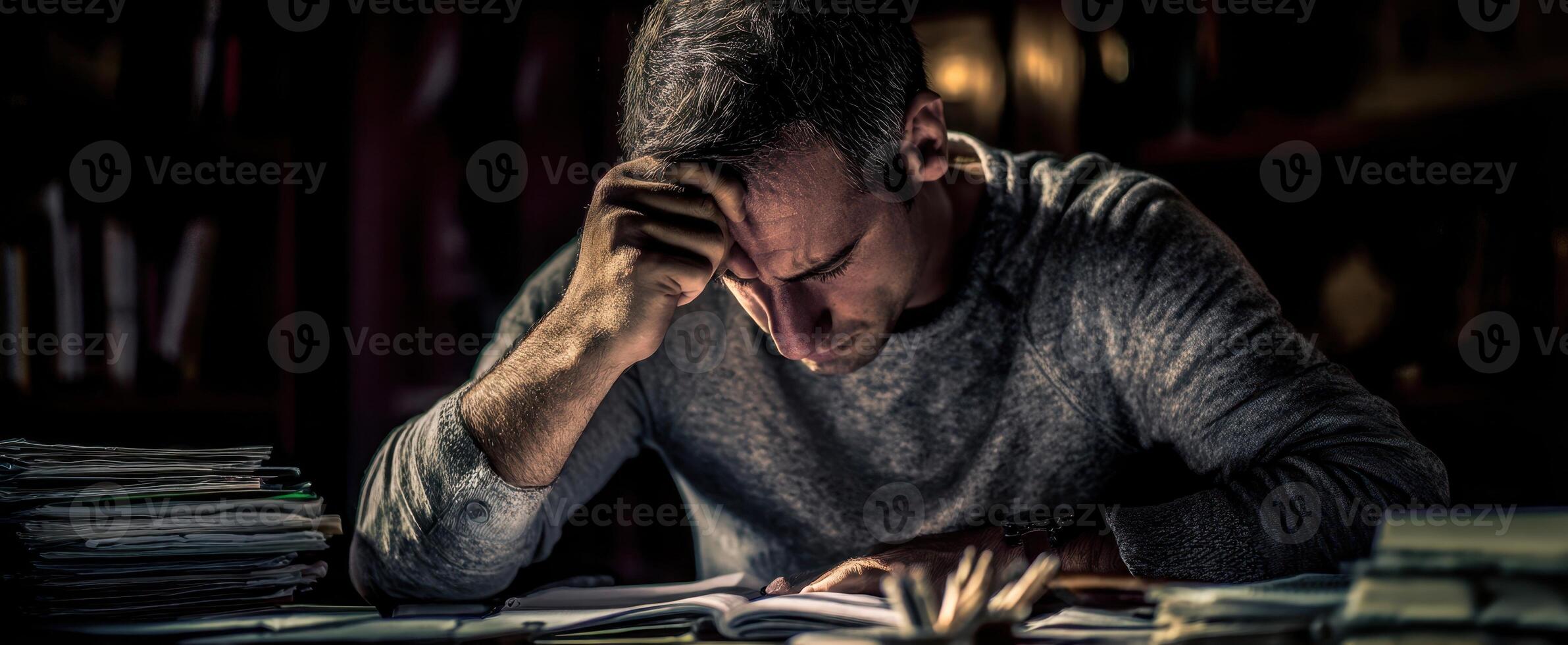 The man experiencing stress while studying late at night amidst paperwork. photo