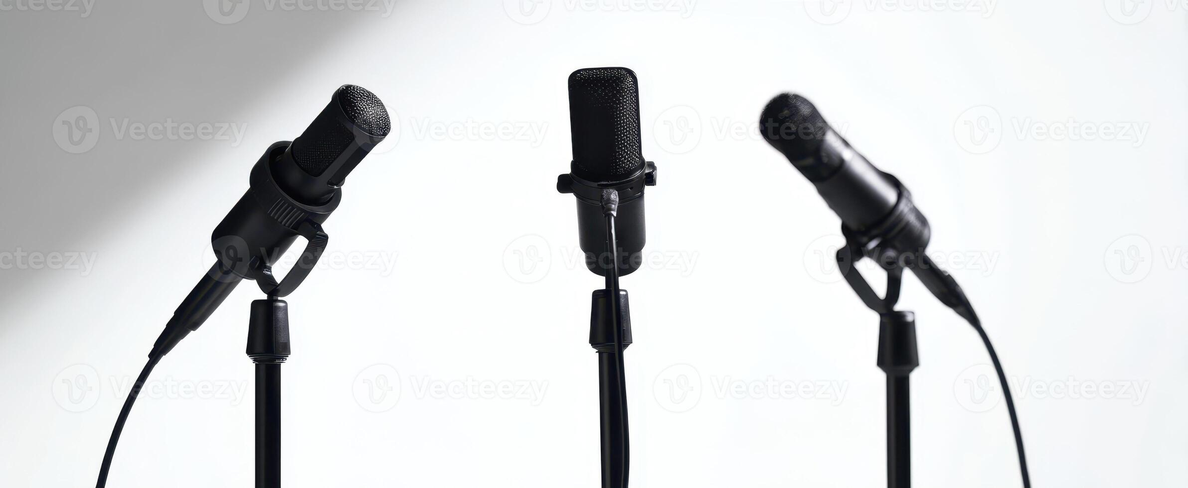 The professional microphones on stands create a sleek audio recording setup. photo