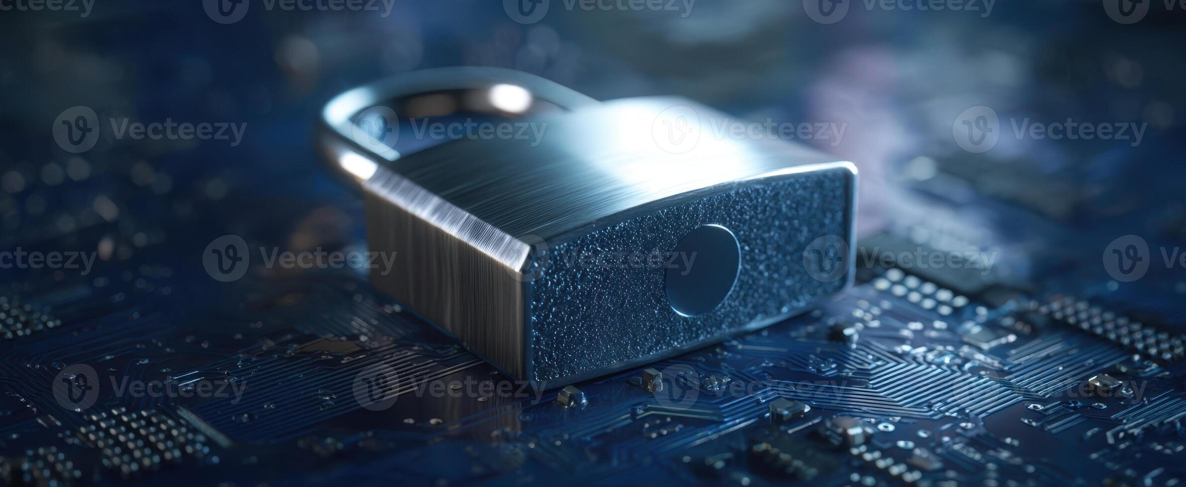 The secure lock on a digital circuit board representing data protection. photo