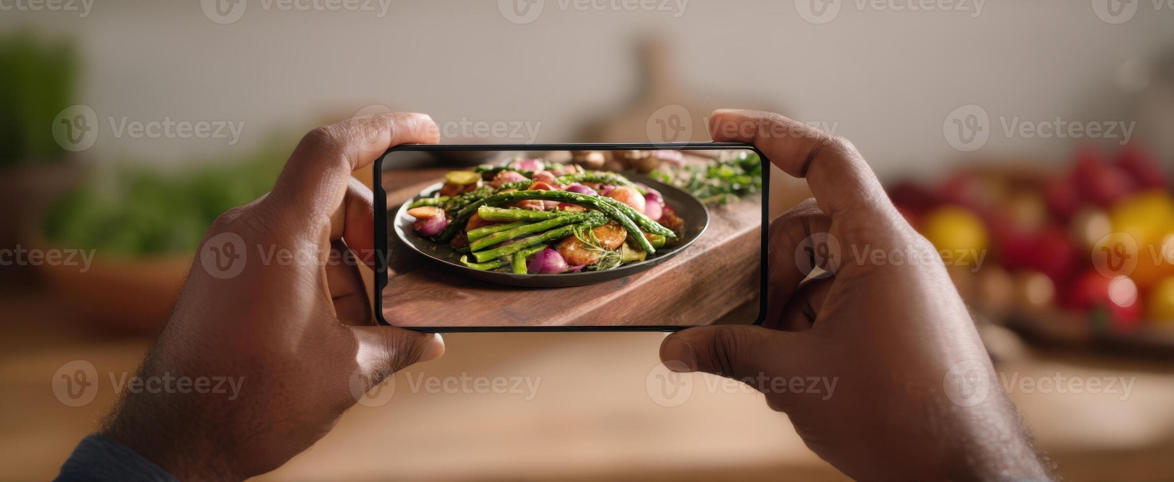 The smartphone capturing a beautifully plated vegetable dish in the kitchen. photo