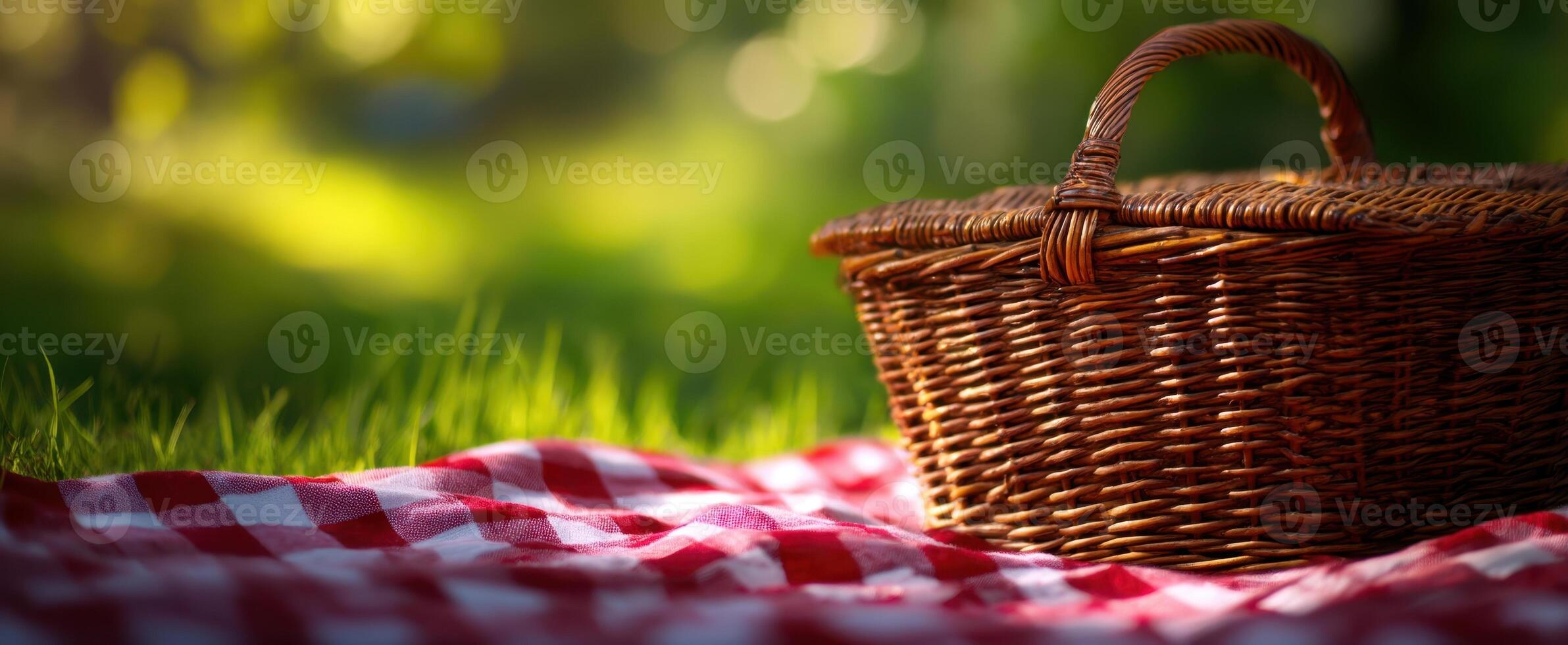 The picnic basket resting on a checkered blanket in a serene outdoor setting. photo