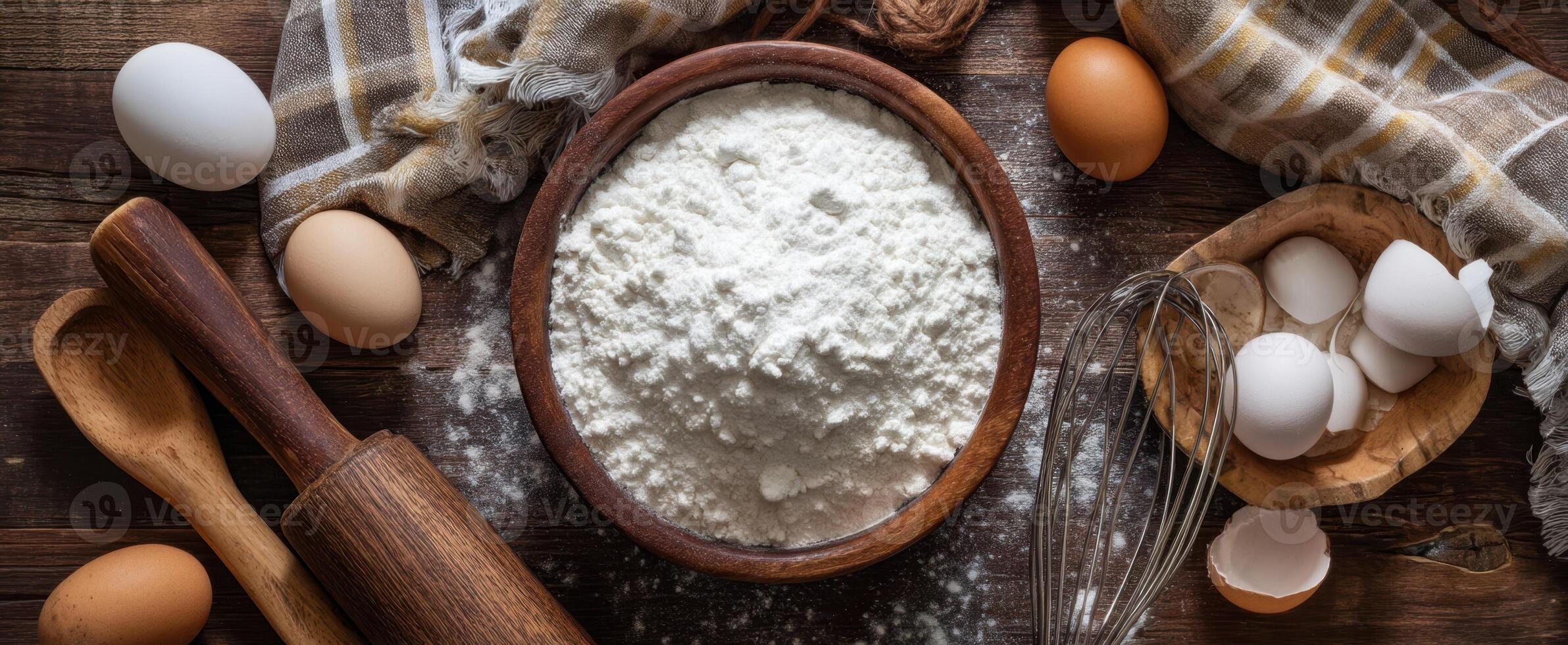 The flour, eggs, and kitchen tools for baking delicious homemade pastries. photo